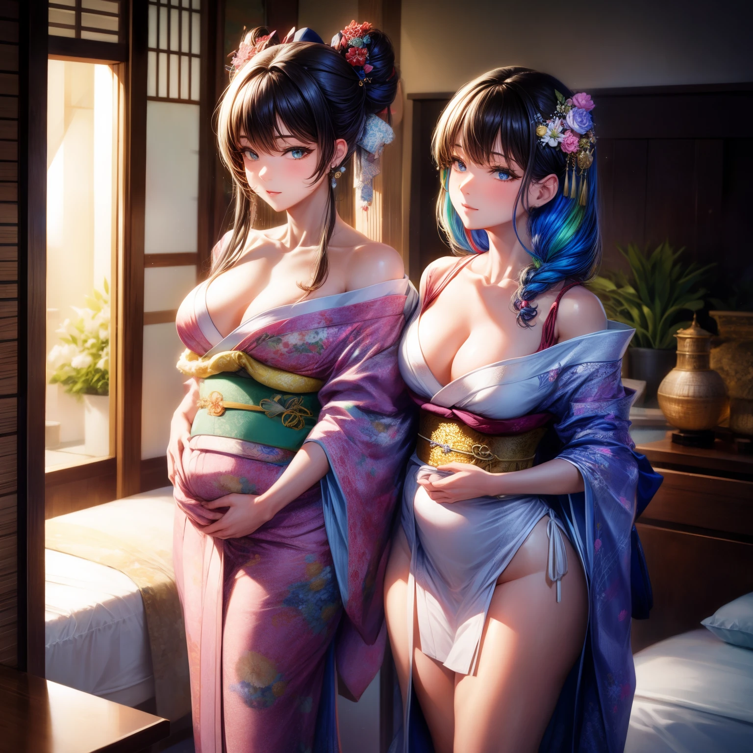 （8K ，Ultra-detailed，Super real photoest masterpiece，Nature，perfect work of art，perfect female body），two women，mother and daughter， maternal desire，rainbow hair，（bulge，巨big的），neighbor wife，woman hairstyle，elegant wife，in bedroom，Exquisite and ，Wear revealing kimono，super short kimono，Wearing a low-cut, off-the-shoulder kimono，White suspenders，Embed，big，，full body shoastic muscleulgebulge，Obscenity exposed ，