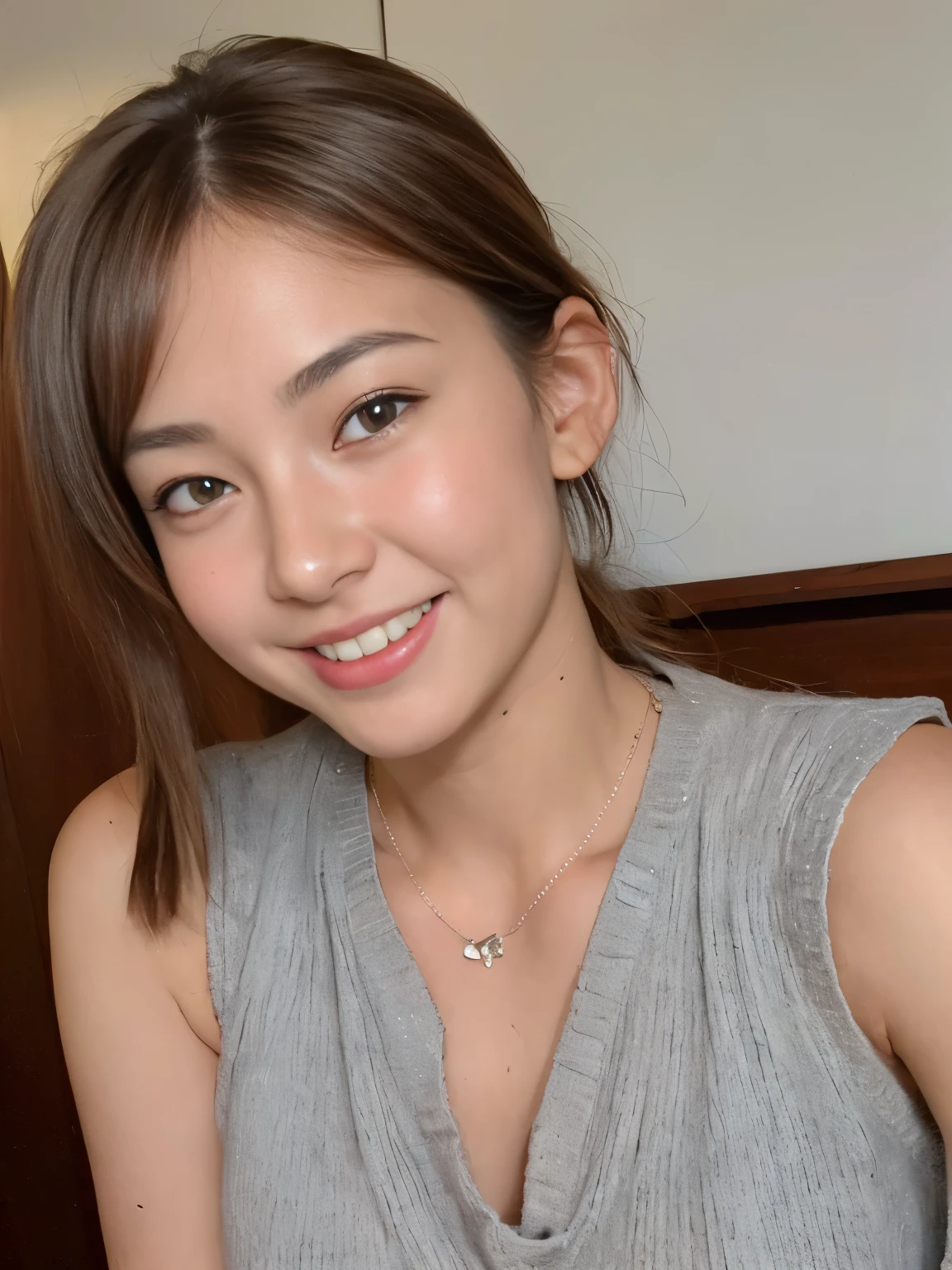 (8k, RAW photo, highest quality, table top: 1.2), High-definition RAW color photo, プロの撮Shadow, cinematic light, (table top: 1.5), (highest quality: 1.2),more skin, look, brown eyes, (light brown bangs:1.2),braided hair、long haired person、(photoreal:1.4), Shadow、(best image quality:1.0), (ultra high resolution:1.0), 8k, RAW photo, (masterpiece), (Pure Eros Face),golden ratio face、thin eyebrows、fine eyes、detailed nose、detailed mouth、 room, (smile: 1.2), ((cleavage: 1.2)), (beautiful big breasts:1.6), ponytail, (gray necklace sweater:1.5), (sleeveless:1.2), (side boob barbosa:1.6),(No bra:1.1), bottomless, まっすぐlook