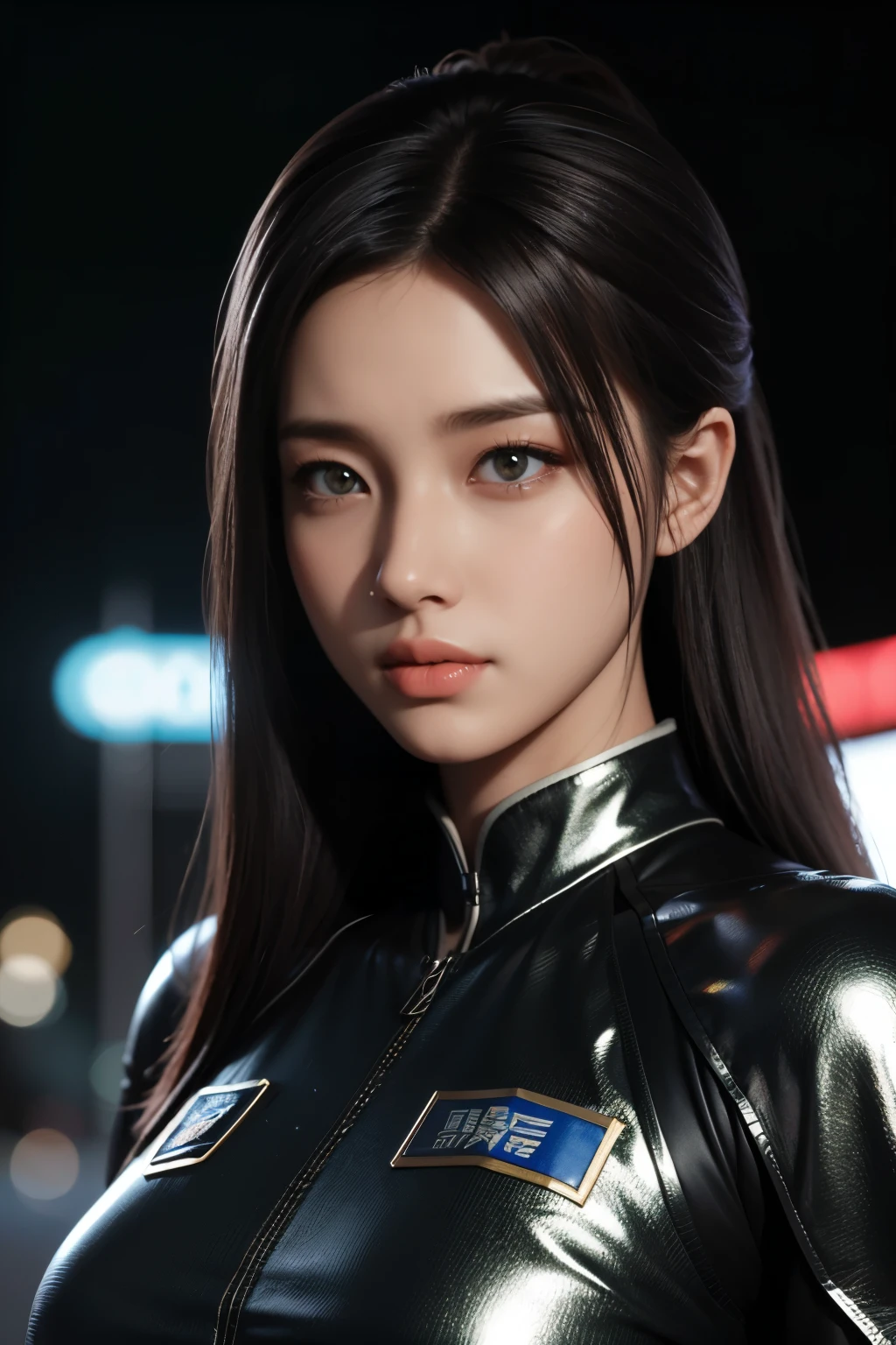 Masterpiece，The best qualities，Very high resolution，8K，((Portrait))，((Head close-up))，Original photo，real photo，数码摄影，
(Cyberpunk-style female cops of the future world)，(Fighting girl)，22岁少女，(A hairstyle of random color)，An eye rich in detail，((Lachrymal nevus))，嘴唇光泽，(优雅迷人，冷漠高贵)，(Big breastattle suits of the future，A garment that combines the characteristics of a police uniform，A fancy badge，An intricate pattern of clothing，Glittering jewels，Joint Armor，Metallic luster)，赛博朋克人物，未来风格，
拍照姿势，街道背景，Movie lights，Ray tracing，Game CG，((3D Unreal Engine))，oc渲染反射纹理