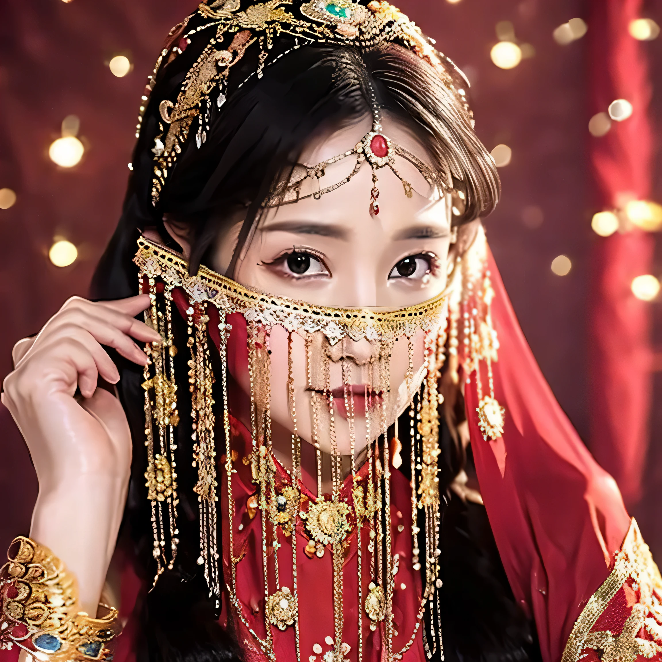 Head close-up，（（（The eyes are very delicate）））（（（hair accessories）））（（（veil（24））））（（（veil））），necklace，Wearing a red transparent silk dress， ((glowing skin))The room  filled with Chinese New Year decoration masterpieceest quality））， （（intricate details））， （（surreal））（8k）