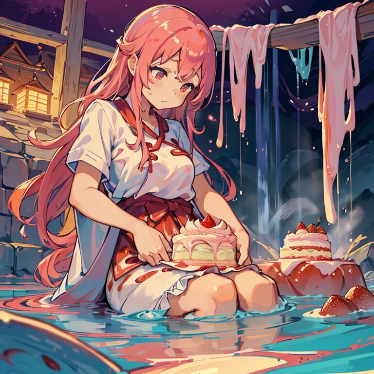 A village covered in chirashi waterfalls and boiling strawberry parfait ramen、amazing dynamism、amazing angle、Unstable buoyant whirlpool、((Many gentle convenience cakes will float and follow you..),surround each other'colorful ice cream