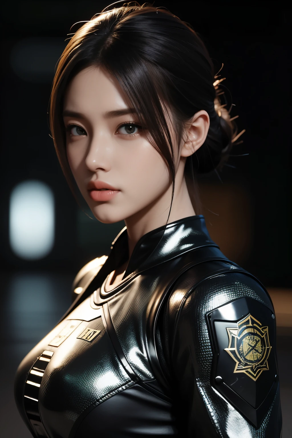 Masterpiece,The best qualities,Very high resolution,8K,((Portrait)),((Head close-up)),Original photo,real photo,数码摄影,
(Cyberpunk-style female cops of the future world),(Fighting girl),22岁少女,(A hairstyle of random color),An eye rich in detail,((Lachrymal nevus)),嘴唇光泽,(优雅迷人,冷漠高贵),(Big breastattle suits of the future,A garment that combines the characteristics of a police uniform,A fancy badge,An intricate pattern of clothing,Glittering jewels,Joint Armor,Metallic luster),赛博朋克人物,未来风格,
拍照姿势,街道背景,Movie lights,Ray tracing,Game CG,((3D Unreal Engine)),oc渲染反射纹理