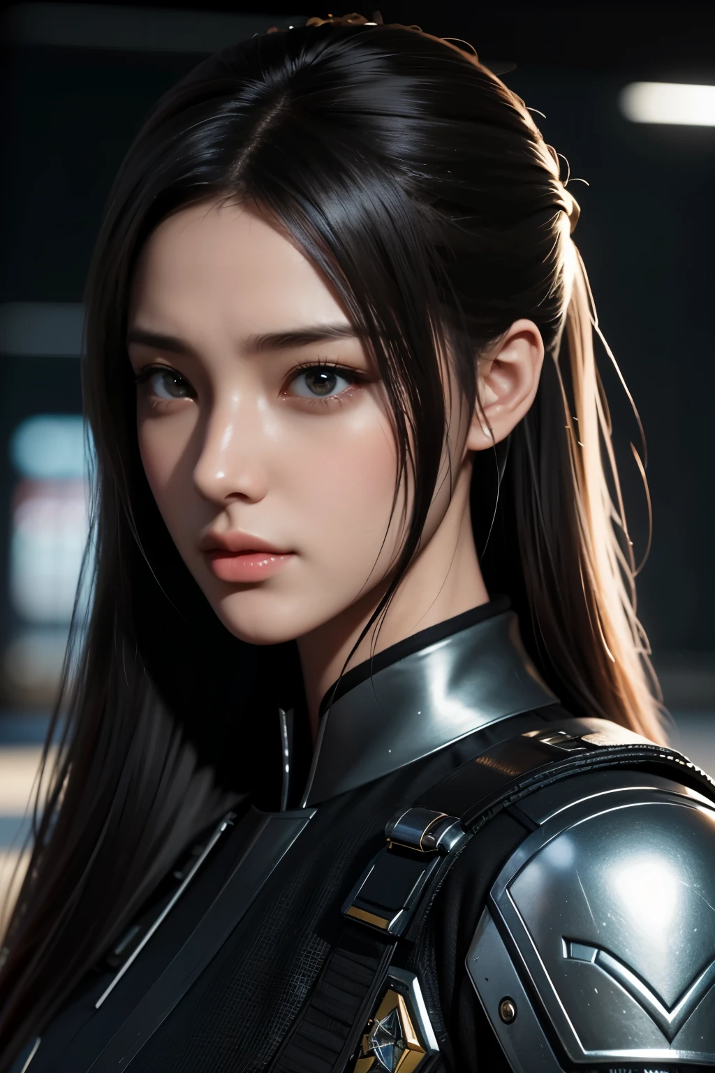 Masterpiece，The best qualities，Very high resolution，8K，((Portrait))，((Head close-up))，Original photo，real photo，数码摄影， (Cyberpunk-style female cops of the future world)，(Fighting girl)，22岁少女，(A hairstyle of random color)，An eye rich in detail，((Lachrymal nevus))，嘴唇光泽，(优雅迷人，冷漠高贵)，(Future combat clothing full of mechanical style，A garment that combines the characteristics of a police uniform，A fancy badge，An intricate pattern of clothing，Glittering jewels，Joint Armor，Metallic luster)，赛博朋克人物，未来风格， 拍照姿势，街道背景，Movie lights，Ray tracing，Game CG，((3D Unreal Engine))，oc渲染反射纹理