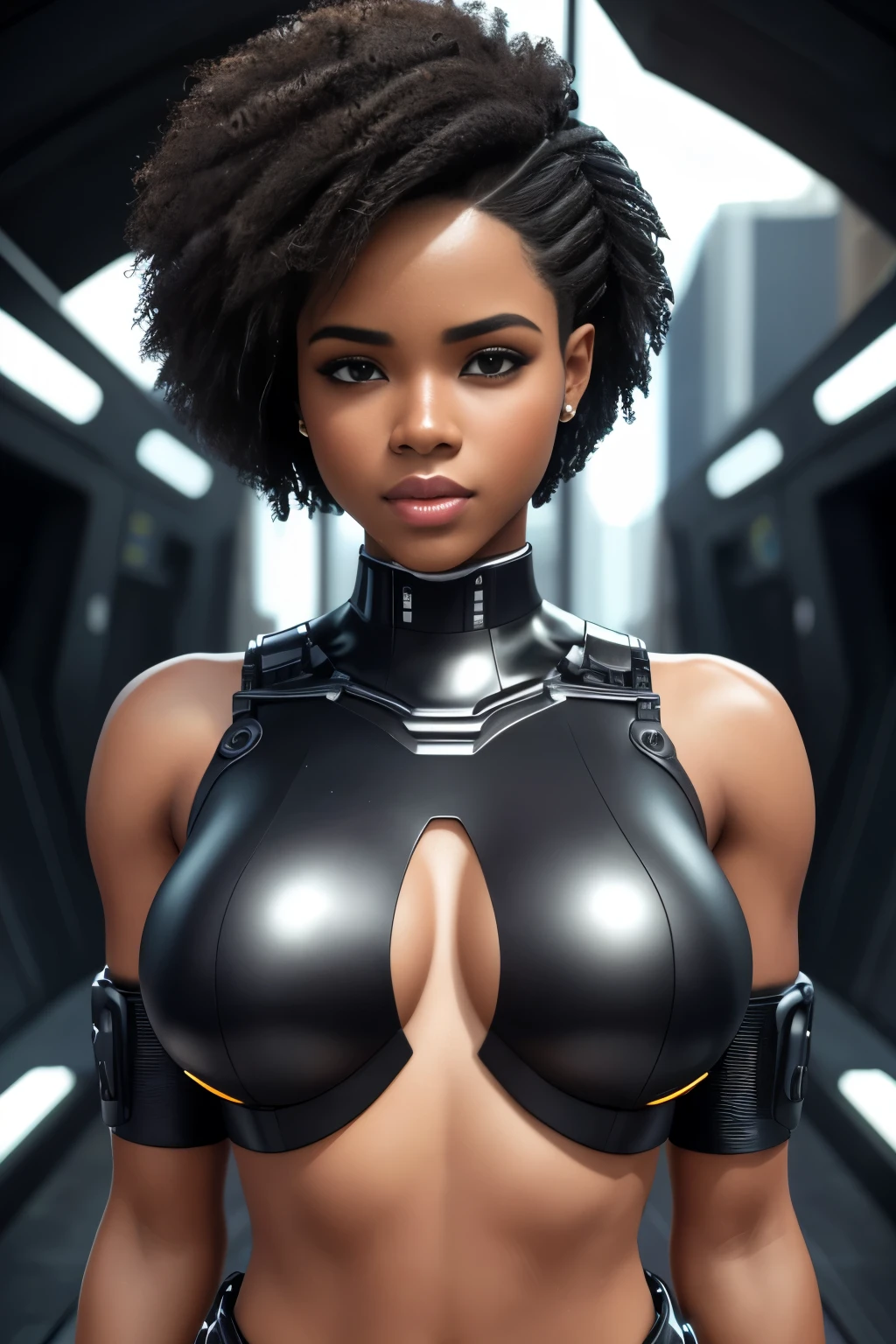 ultra realista 8k CG, (Futuristic:, Perfect artwork, master part, CIDADE FUTURISTA, Era futurista, Mechanicalgirl, fantasia), (((Antecedentes detalhados))) 20yo mulher Khmer-Afro-American, cyborg musculoso modelo fresco,amazing stunningly beautiful, sentado, Looking at camera, bobcut preto ondulado cabelo brilhante, Retrato de 50mm, Glamour, curvas suaves, gigantesco , , full wet lips, Cybernate , abdominais perfeitos, ..3d, ultra realistic,