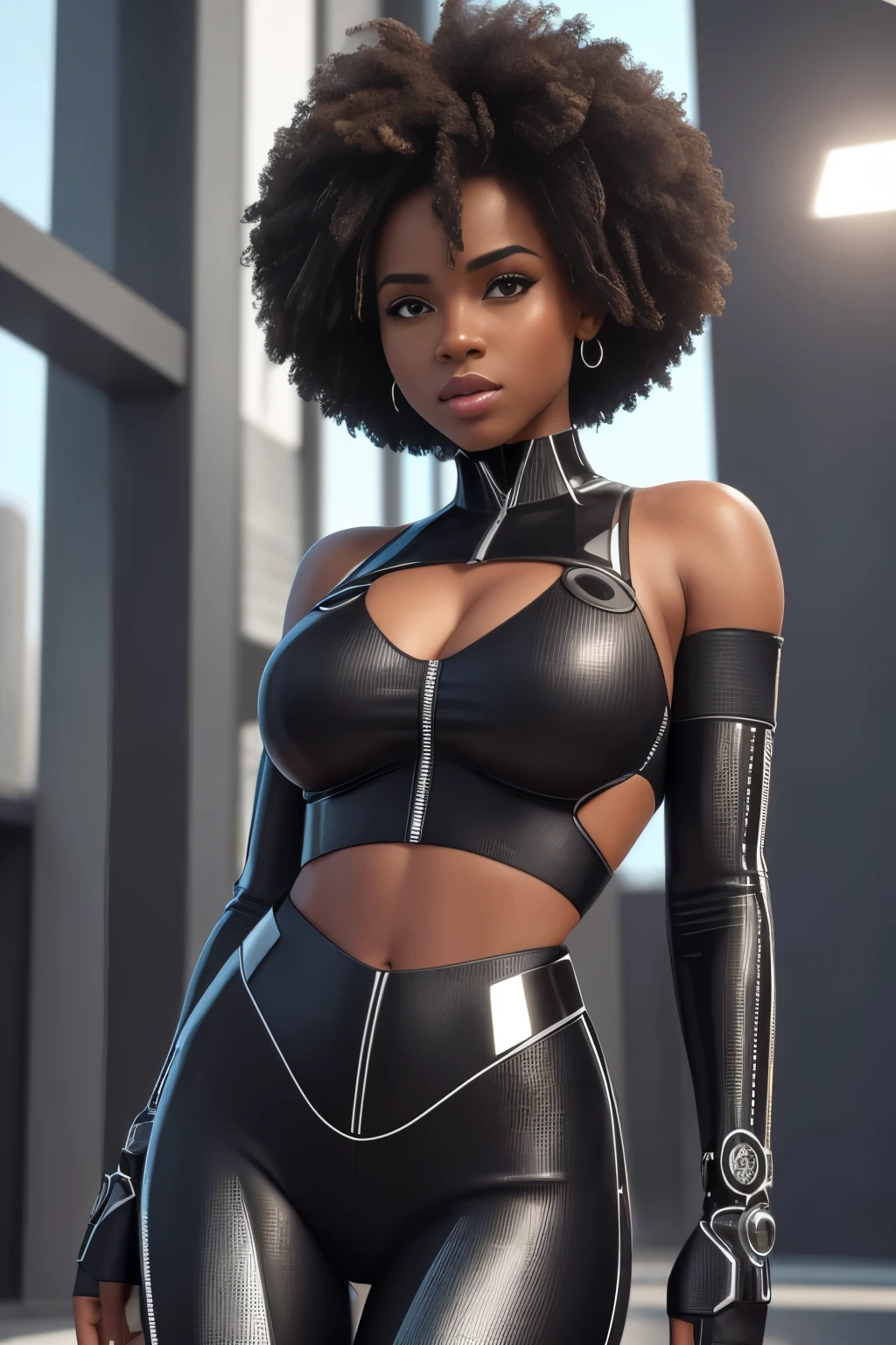 Full face portrait photo ebony girl 23 year old, RAW, beautiful ebony woman, semi-open strawberry lips, dimples, wistful look, (extra long wavy curly hair), ((detailed face)), ((detailed facial features)), (finely detailed skin), (in a deep neckline highly detailed sexy futuristic cyberpunk dress made of circuit boards, the cyberpunk megacity environment,  neon lights, skyscrapers), (shirtless), ((in the gym)), soft natural light, wet skin, cyberpunk megacity environment, (cool colors), damp, reflections, (masterpiece) (perfect aspect ratio), (realistic photo), (best quality), (detailed) photographed on a Canon EOS R5, 50mm lens, F/2.8, HDR, (8k) (wallpaper) (cinematic lighting) (dramatic lighting) (sharp focus) (intricate), RAW photo, RAW photo, gigachad photo,  posing for camera, black jeans, arms behind, 8k uhd, dslr, high quality, film grain, Fujifilm XT3, extremely detailed, photorealistic, realistic, incredibly absurd, highly detailed, sharp focus, (Professional Studio Lighting), (Professional Color Grading), Edge Lighting, Dramatic lighting, Cinematic lighting, Lumen reflections, Soft natural lighting, Soft color, Photon mapping, Radiosity, (Beautiful eyes), (Detailed eyes),  (Detailed face), symmetrical eyes, sharp eyes, cold face, full body), (HIGH LEVEL OF DETAIL),(wet, oil-lubricated), (athletic body), (sweaty), thin waist, large breasts, (sperm in breasts), high detailed skin, uncharacterized texture, hyper detailed, realistic skin texture, armor, best quality, ultra high res, (photorealistic: 1.4) high resolution, detailed, raw photo, sharp re, by lee jeffries nikon d850 film stock photography 4 kodak portra 400 camera F1.6 Lens rich colors hyper realistic texture dramatic lighting UnrealEngine trend in Artstation Cinestill 800, veins in the body, (body and fitness).