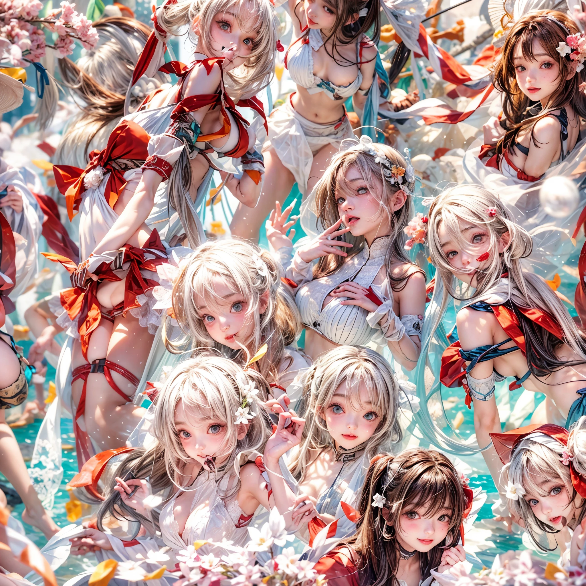 (SFW, White and Red, masterpiece:1.2, Exposed:1.2), (nipple:-0.9), (Acutance:0.8), (many sexy junior idols in group photograph), ((Extremely Detailed KAWAII face variations, joyful expression variations)), { Navel | pretty Ass | Overflowing sideboob | (Delicate lace knitted white wear) | full of Flowers covering girl's body | (Colorful Light shines from Dazzling and delicate stained glass:1.2) }. ( ultra-detailed, realistic, (photorealistic:1.37) with a touch of rawness). { under the mesmerizing back lighting | concept art | enhancing the overall visual impact }. (not Detailed fingers:-0.9) .