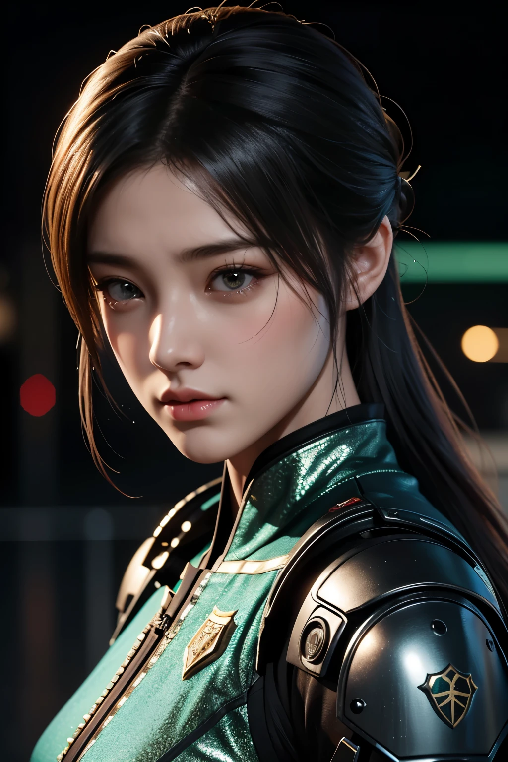 Masterpiece，The best qualities，Very high resolution，8K，((Portrait))，((Head close-up))，Original photo，real photo，数码摄影， (Cyberpunk-style female cops of the future world)，(Fighting girl)，22岁少女，(A hairstyle of random color)，An eye rich in detail，((Lachrymal nevus))，嘴唇光泽，(优雅迷人，冷漠高贵)，(Future combat clothing full of mechanical style，A garment that combines the characteristics of a police uniform，A fancy badge，An intricate pattern of clothing，Glittering jewels，Joint Armor，Metallic luster)，赛博朋克人物，未来风格， 拍照姿势，街道背景，Movie lights，Ray tracing，Game CG，((3D Unreal Engine))，oc渲染反射纹理