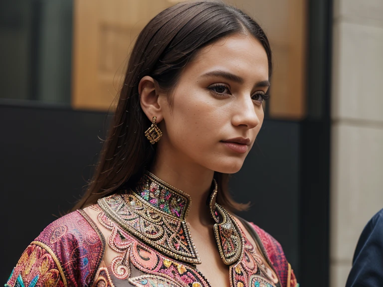 Hyperrealistic portrait of a beautiful woman wearing intricately detailed colorful clothing and futuristic jewelry