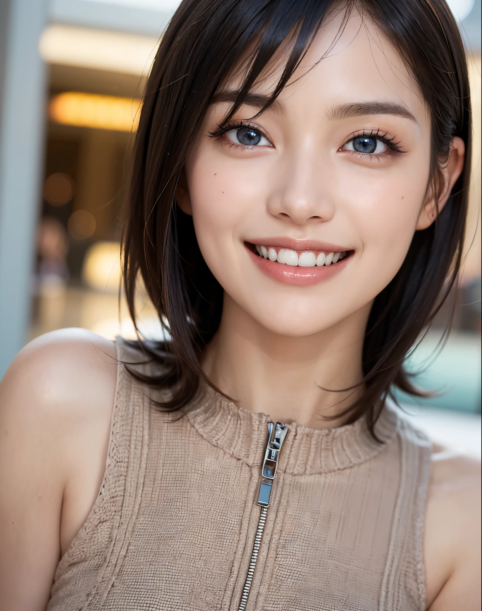 best quality, muste piece, ultra high resolution, (It's photorealistic:1.4), Raw photo, 1 girl, K deーPOP idol, short hair, Daytime shopping malls,detailed eyes,(realistic eyes),delicate face,realsK dein,detailed hair,Detailed sK dein,pretty face,((smiling))、((Laughter))、((You look happy, smile))