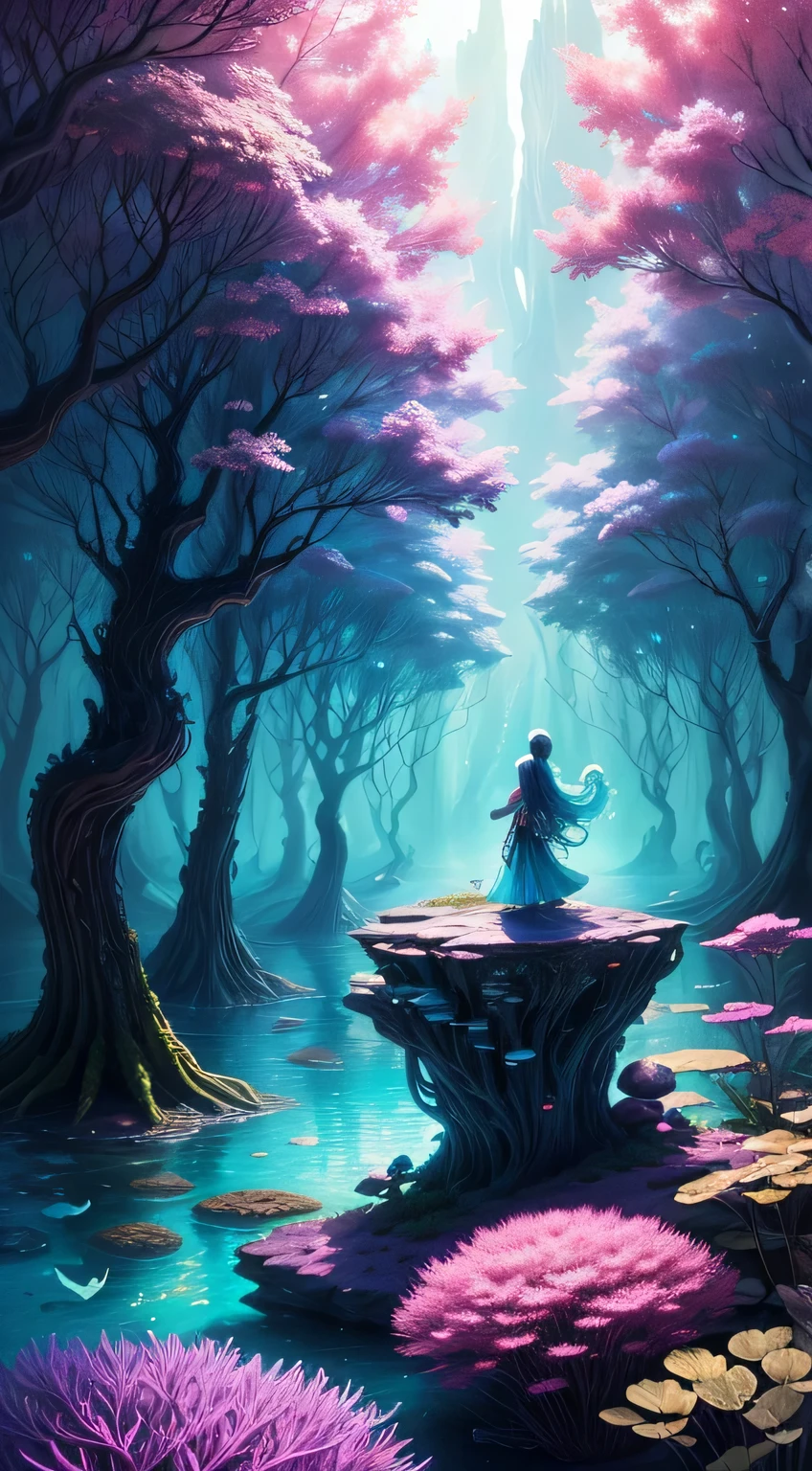 Create an artwork that depicts a dreamlike scene filled with enchantment and wonder. Let your imagination run wild as you explore vibrant colors, fantastical creatures, and surreal landscapes. Whether it's a whimsical forest, an otherworldly city, or a magical underwater realm, let the viewer experience the awe and magic of this enchanting dreamscape.