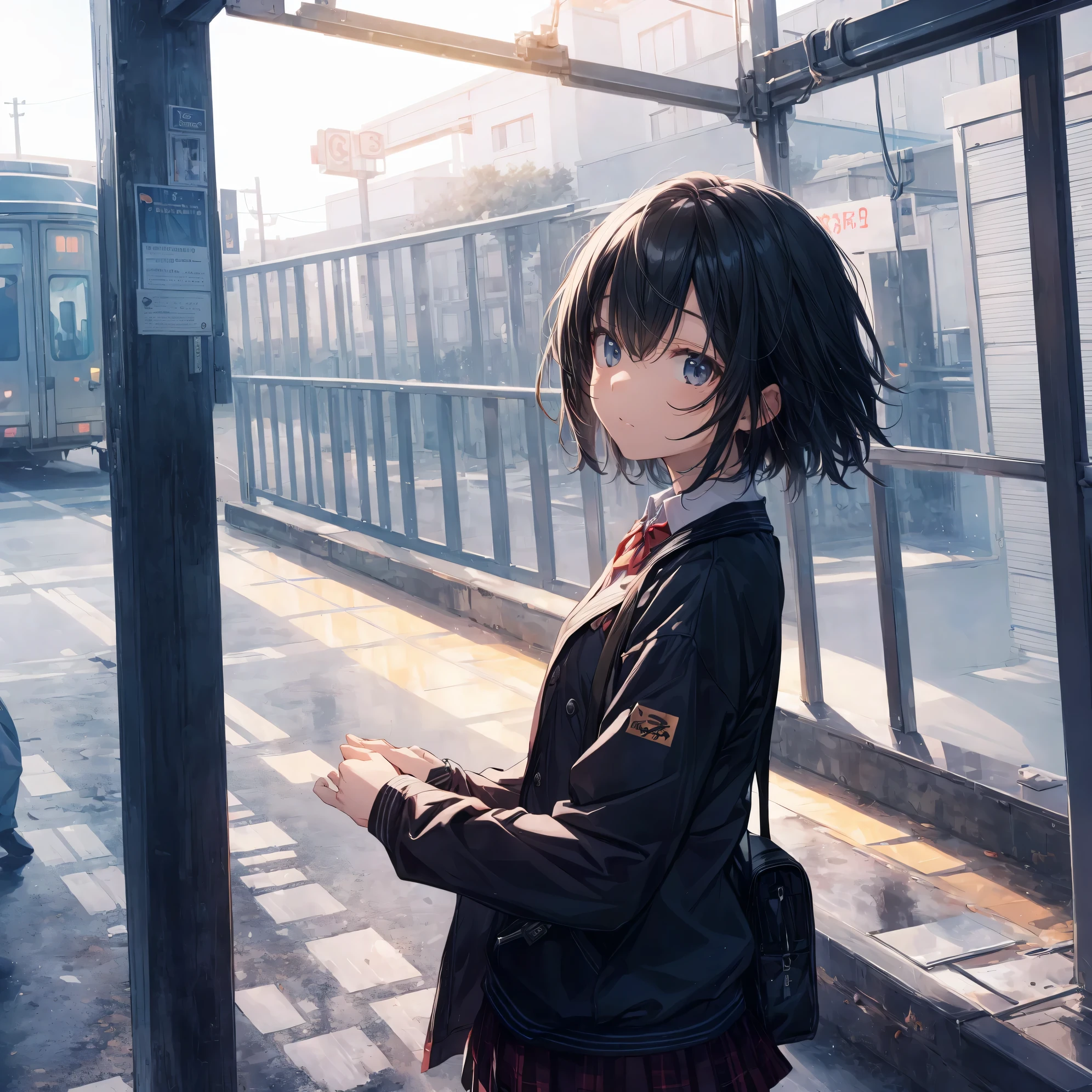 ultra-Top-quality by art God, ultra-detailed, high resolution, shinkai makoto style, anime moe artstyle, best anime 8k konachan wallpaper, pixiv contest winner, perfect anatomy, break,(Please draw a girl walking sleepily to school alone. ),break, a hyperrealistic schoolgirl, (Solo,Loli,,13-ye-ol3),Fulimbs, complete fingers,a junior high sccharm, (Very very Short hair), messy hair, flat soft chest, Small butt, groin, Small eyes,beautiful detailed black eyes, well-proportioned iris and pupils, disgusted eyes, highres detailed hair, school Uniform, skirt, in the School commute route. break,super detailed skin, Best lighting powered by famous artist, 8k, illustration,