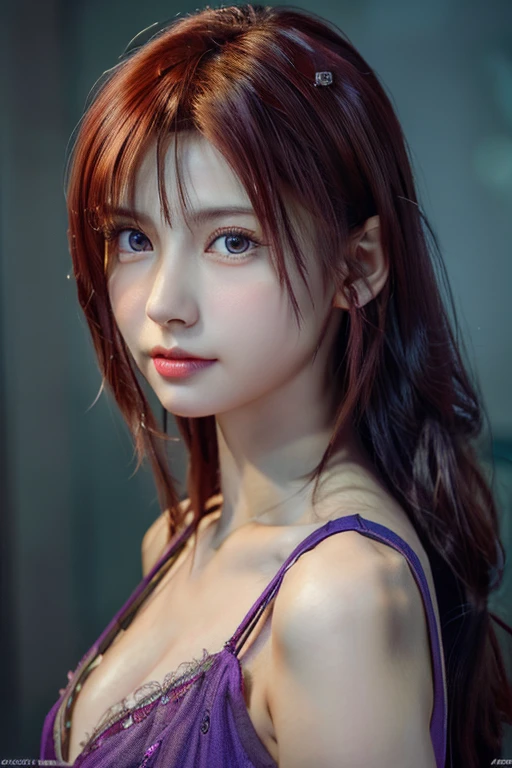 masterpiece、Raw photo、live-action portrait、((beautiful girl:1.2))、((crimson hair))、Semi-long hair with light pink mesh、Dark blue eyes、(long eyes)、(thin eyebrows)、D cup bust、Glamour、beautiful body line、purple dress、a dress that fits the body perfectly、whole body、beautiful girl、19 years old、asian beauty, beautiful studio soft light、rim light、vivid details、surreal、anatomical、facial muscles、elegant、beautiful background、octane rendering、highest quality、very delicate and beautiful、 Highly detailed CG、(real、photorealistic:1.37)、(lens : FUJIFILM XF35mmF1.4)、(lensフィルター : Black Mist No.1)、amazing details、best quality、Highly Detaild CG Unity 8k wallpaper、