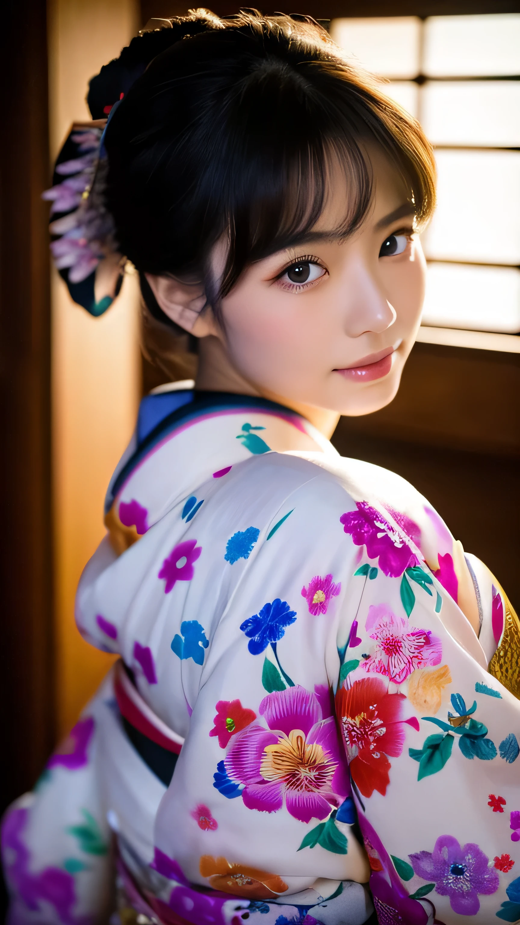 (masterpiece, highest quality, Super detailed:1.erfect composition, 4k, (very detailed, very detailed), soft lighting, born, HDR, 8K textures, extreme detail, High detailed skin texture, epic detail, High sharpness, 1 girl, , (skinny), Here  the image of a beautiful 20-year-old Japanese woman in a colorful and elegant furisode kimono, celebrating her coming of age.
