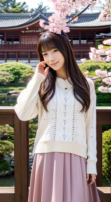 Rin&#39;s image, according to your detailed instructions, created. depicts her realistically and in detail, Toji Temple in Kyotoを背景に. Lin depicted as Asian, long brown hair, Decorated with elegant jewelry. She is wearing a white sweater and a pink long skirt, Toji Temple in Kyoto,,A view overlooking the cherry blossoms.