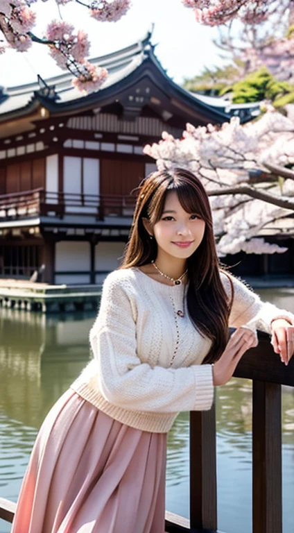 Rin's image, according to your detailed instructions, created. depicts her realistically and in detail, Toji Temple in Kyotoを背景に. Lin depicted as Asian, long brown hair, Decorated with elegant jewelry. She is wearing a white sweater and a pink long skirt, Toji Temple in Kyoto,,A view overlooking the cherry blossoms.