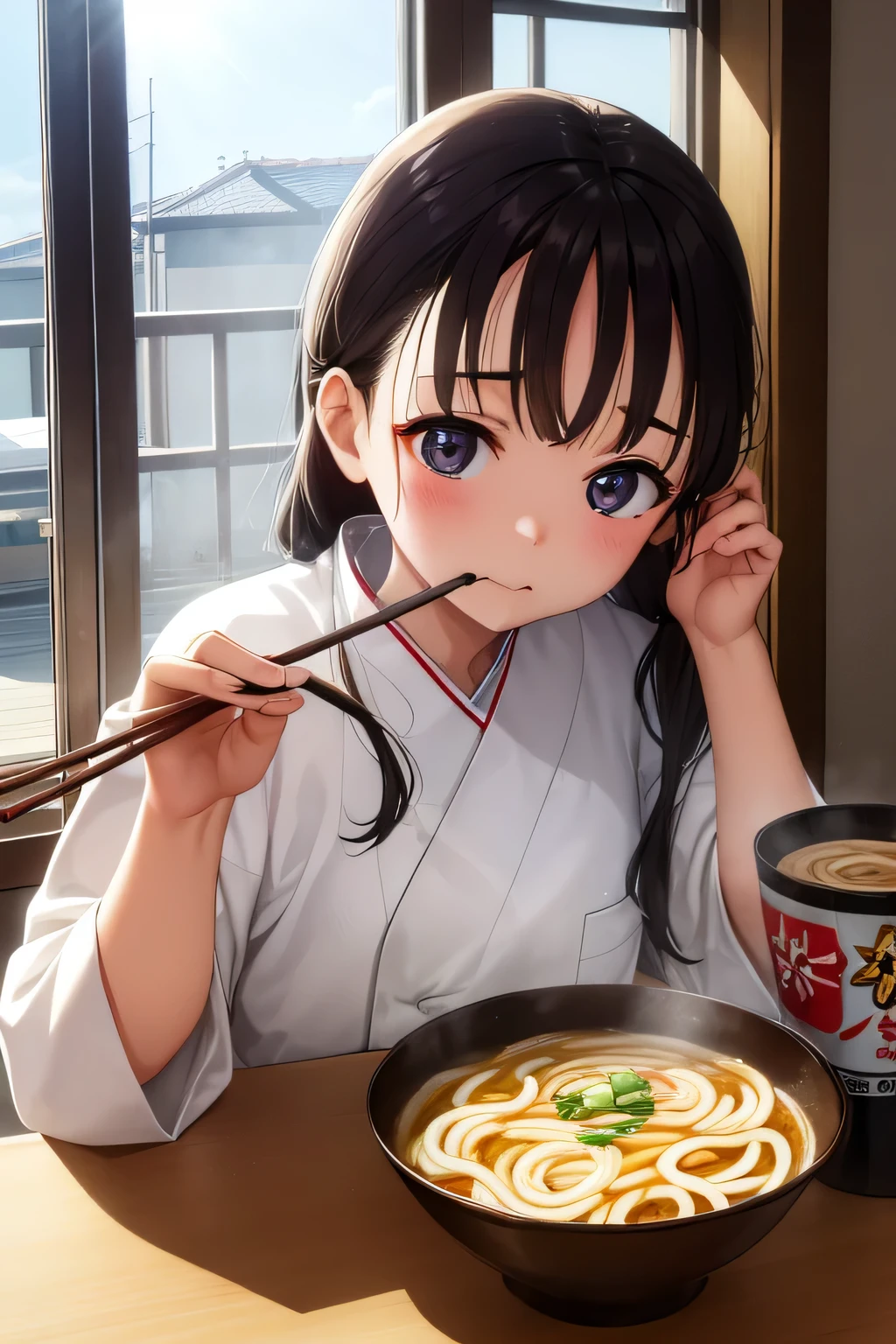 girl eating udon、Photographed from the front。 Gaze upward at the front camera。 While eating udon。 While combing her hair with her left hand, she held chopsticks in her right hand and was just about to put the udon noodles into her mouth.。 It's daytime and the sun is shining through the window.。