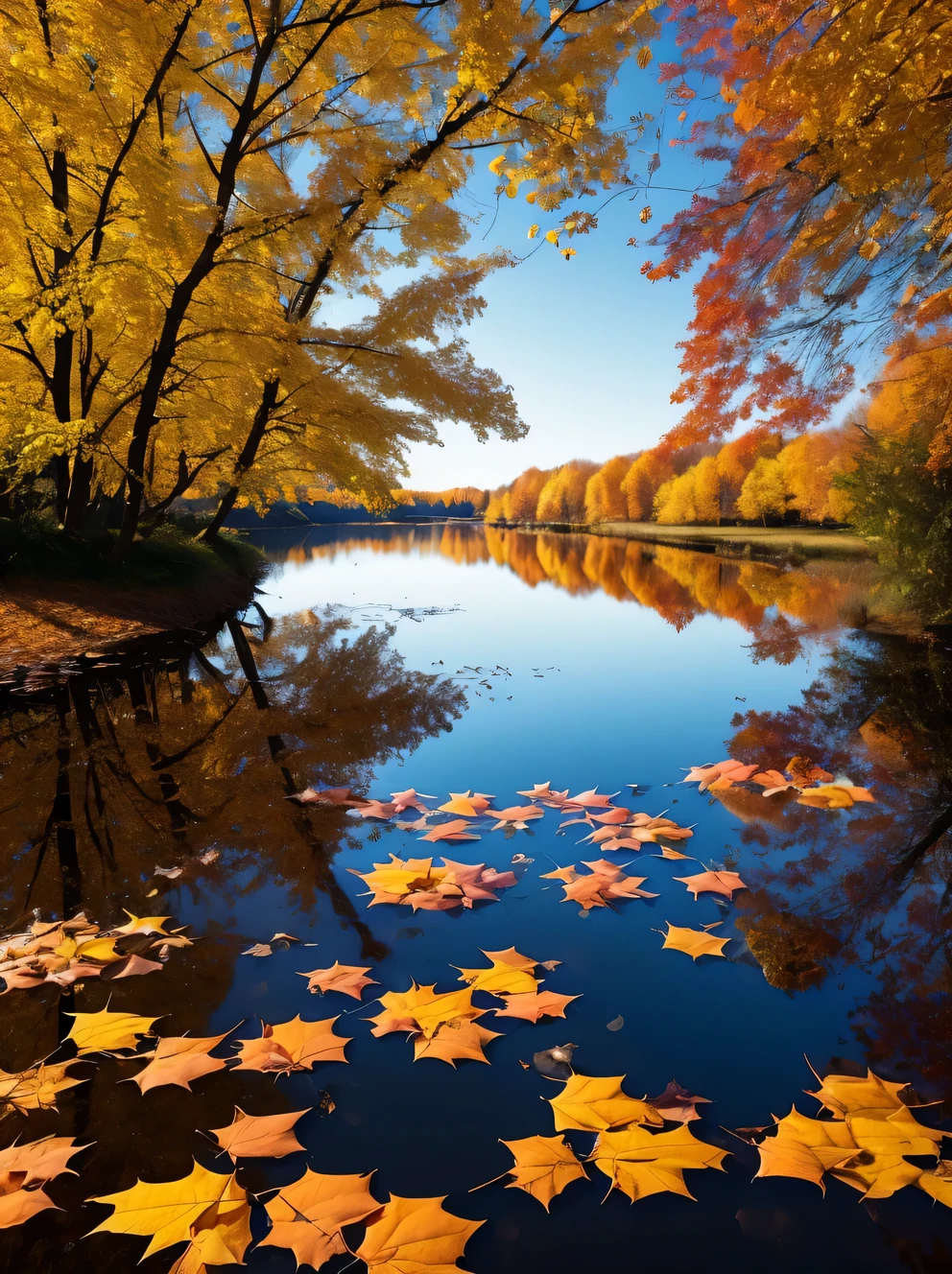 Autumn leaves falling，birch branches，partial reflection