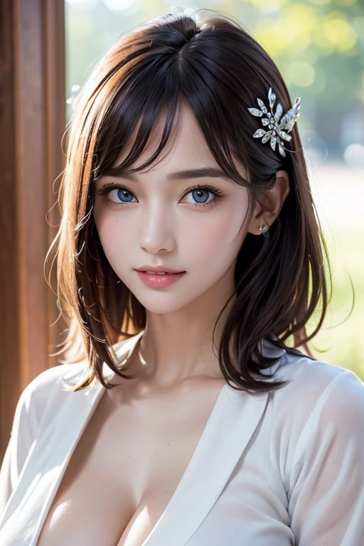 (high-level image quality, high-detail, high quality, high resolution, Draw everything in high resolution), full body shoot, standing, (huge breast:1.2), cleavage, Very intense crystal light blue eyes, Very pale blue eyes, pink heart-shaped earrings, Look firmly at the camera, Put your ears out, short black hair with a beautiful sheen, Beautiful very short beautiful hair with bangs, Show off all the beautiful décolletés, Beautiful 20 years old, lip gloss, long neck, happily laughing, Smiling very happily, Beautiful teeth alignment, Beautiful teeth, Beautie, Pretty Woman, (a woman wearing a school uniform idol stage costume:1.2), (hair ornaments inspired wingl:1.3), illuminate the back with very strong light from the windowsill, Very immaculate background, Really snow-white background, Slightly bigger eyes, Brings intense light to the eyes, Beauty with slightly wider shoulders, tall pop idol, Long-legged supermodel, Female sexy, Turn your face slightly to the side, Very mature and beautiful woman, Very small face