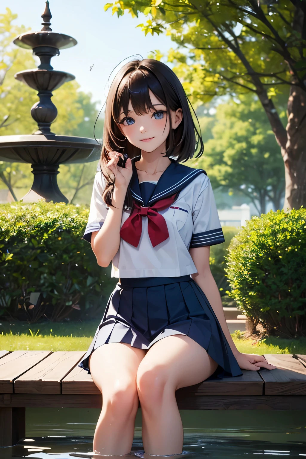 very cute and beautiful school girl,teen,(highly detailed beautiful face and eyes:1.2),
smile,looking at viewer,black hair,(sailor school uniform),(pleated navy blue mini skirt),
sitting on wooden bench in elegant gazebo,flower garden,water fountain,forest,dynamic angle,
(best quality,masterpiece:1.2),intricate details,extremely detailed,
8k resolution,ultra-detailed,solo,hair fluttering in the wind,beautiful detailed sky,