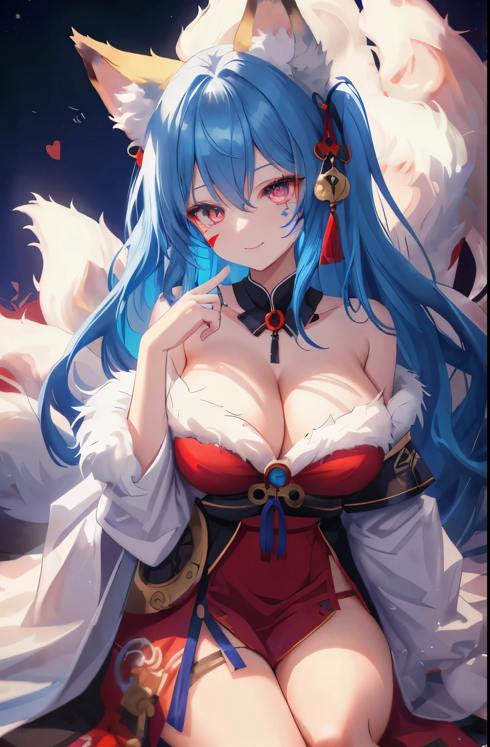 1girl, kitsune, fox ears. 6 fox tails behind her, blue hair, long hair, blue fur, big breasts, sexy, atractive, ((blue facial mark)), red eyes, messy hair, medieval dress, red dress, corse, (seductive smile), horny, (beautiful eyes), (((beautiful fingers)))
