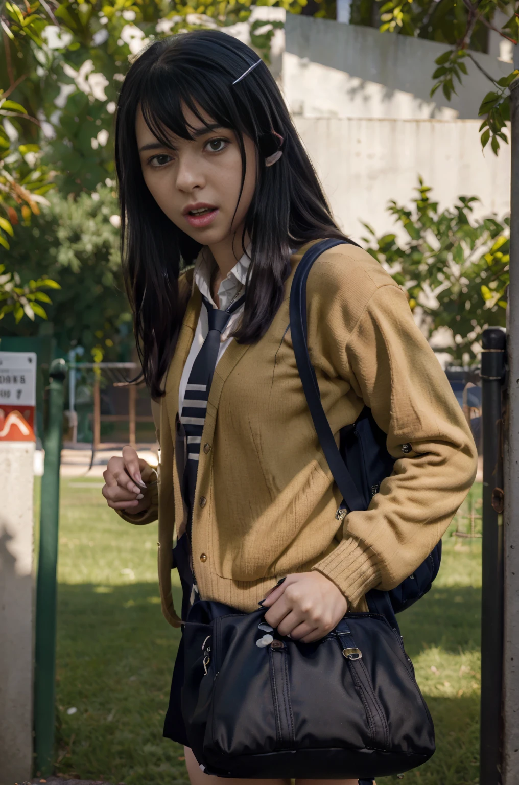 (extremely detailed CG unity 8k wallpaper), (masterpiece), (best quality), (ultra-detailed), (best illustration), (best shadow), (absurdres), 1girl, solo,  miko, 1girl, long hair, solo, black hair, necktie, yellow eyes, school bag, bag, school uniform, tree, outdoors, open mouth, sweater, fence