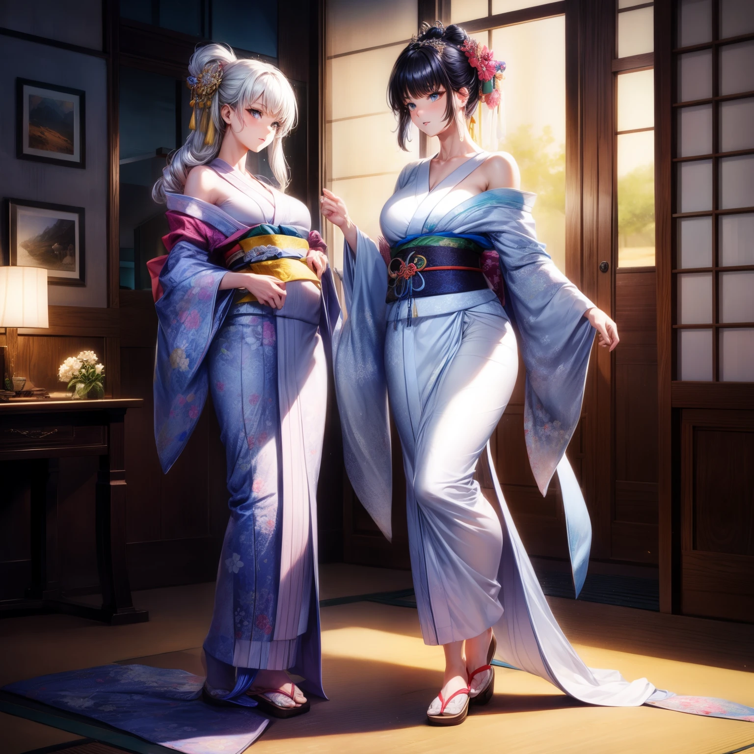 （8K ，Ultra-detailed，Super real photoest masterpiece，Nature，perfect work of art，perfect female body），two women，mother and daughter， maternal desire，squat on the ground，legs apart，rainbow hair，（bulge，巨big的），neighbor wife，woman hairstyle，elegant wife，in bedroom，Exquisite and ，Wear revealing kimono，super short kimono，Wearing a low-cut, off-the-shoulder kimono，White suspenders，Embed，big，，full body shoastic muscleulgebulge，Obscenity exposed ，