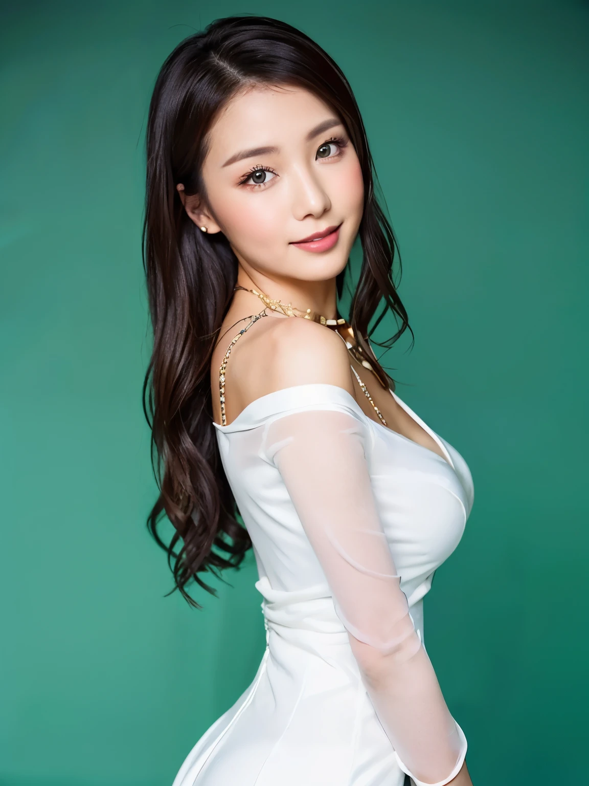 Top quality, 35mm lens, f/1, (cowboy shot:1.5), looking at viewer,
1 beautiful japanese woman, beautiful eyes, bright pupils, smile, delicate face, detailed skin, perfect hands, perfect fingers, long hair, (wearing exquisite dress:1.7), (exquisite necklace:1.5), casino Roulette element, chips element , poker element in back, blur white background,