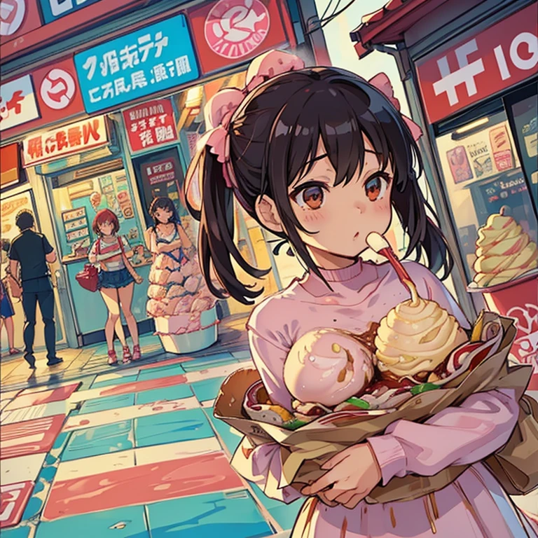 A candy store covered in newspaper waterfalls and boiling strawberry parfait ramen、amazing dynamism、amazing angle、A swirling newspaper storm of unstable buoyancy、((Many friendly convenience ice creams float perfectly and follow you..),surround each other'whipped custard