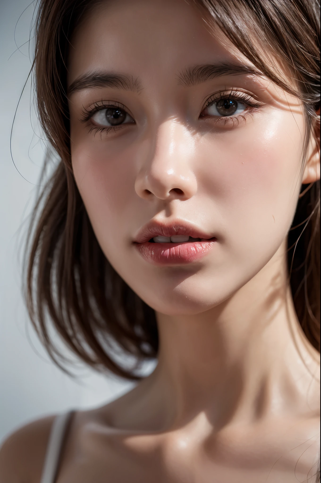 Flying debris,Award-winning photo, Very detailed, Edge Orgasm, Woman with open mouth and closed eyes , Sweaty skin、Lighting that highlights the shine of sweat{{{Spread the word }}}, Black Hair、Browsing Caution,{{{{A large male audience}}}},(Long, narrow nostrils)、Lighting from below、Frowning