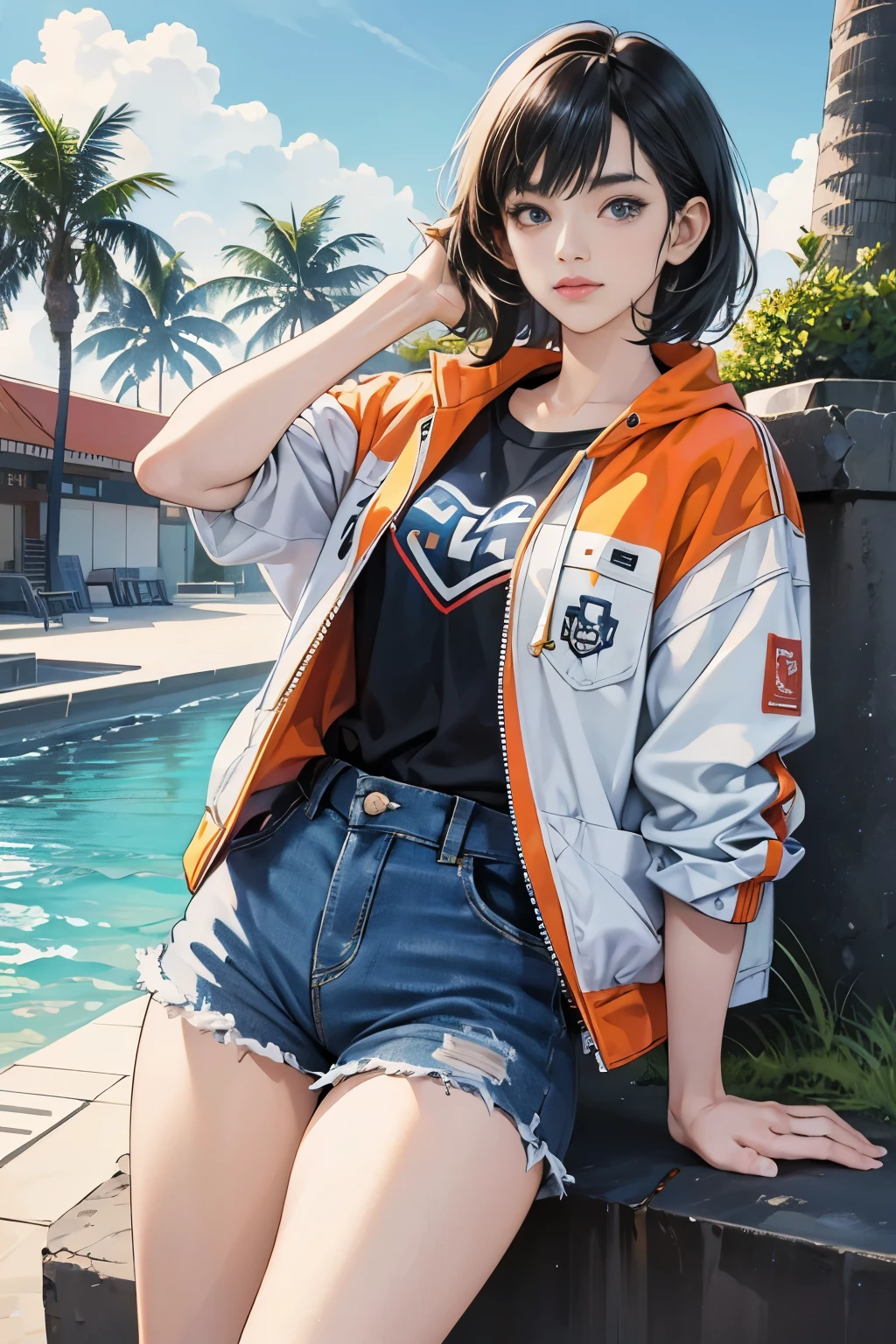Denim shorts , football shirt , beautiful , 1 woman is eating an orange, lake, sits , sun , 8K best graphics best details,