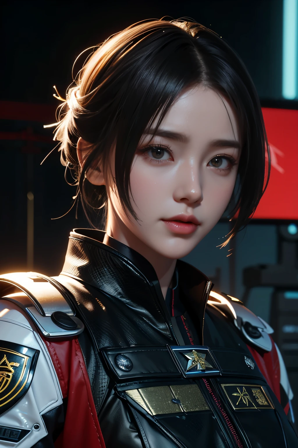 Masterpiece，The best qualities，Very high resolution，8K，((Portrait))，((Head close-up))，Original photo，real photo，数码摄影， (Cyberpunk-style female cops of the future world)，(Fighting girl)，22岁少女，(White random short hair)，An eye rich in detail，((Lachrymal nevus))，嘴唇光泽，(优雅迷人，冷漠高贵)，(Future combat clothing full of mechanical style，A garment that combines the characteristics of a police uniform，A fancy badge，An intricate pattern of clothing，Glittering jewels，Joint Armor，Metallic luster，Red and white)，赛博朋克人物，未来风格， 拍照姿势，街道背景，Movie lights，Ray tracing，Game CG，((3D Unreal Engine))，oc渲染反射纹理