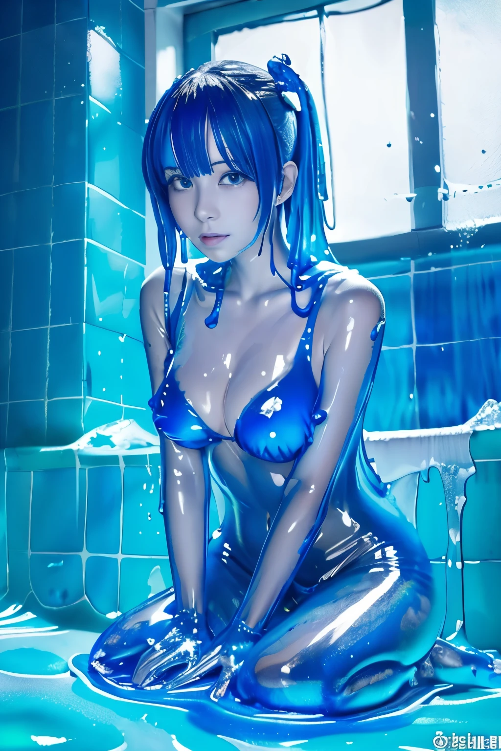 (hight resolution,masutepiece:1.2),Ultra-detailed,(Realistic:1.37),from below, sitting, Chair, Slime Girl,covered in ,blue slime, (partially transparent), (Wet with water), (blue sweat), Slimy ,blue liquid dripping from her body. Her hair is also covered in ,blue slime. ,blue slime ters, blue hair, blue eyes