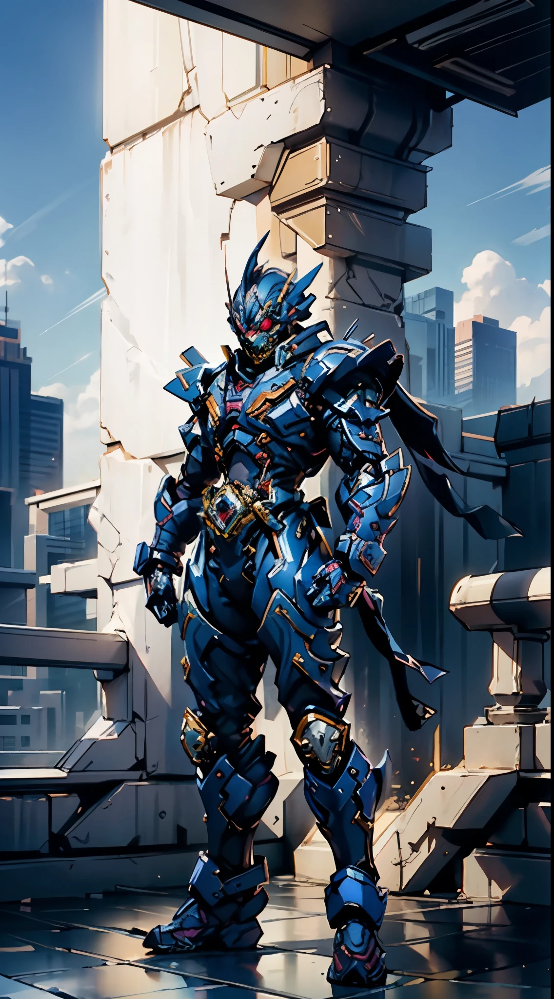 A super a high-tech biotech battle suit, standing on a rooftop, looking over the city, Japanese tokusatsu and American comic style, biometallic texture of the suit, sleek and shiny, dynamic, fast, natural light, cinematic, high quality, high resolution, high detail, sophisticated design, dramatic, high definition, ultra-detailed, ultra-fine painting, extremely delicate, creativity, Natural light, cinematic lighting, best shadow, masterpiece-anatomy-perfect