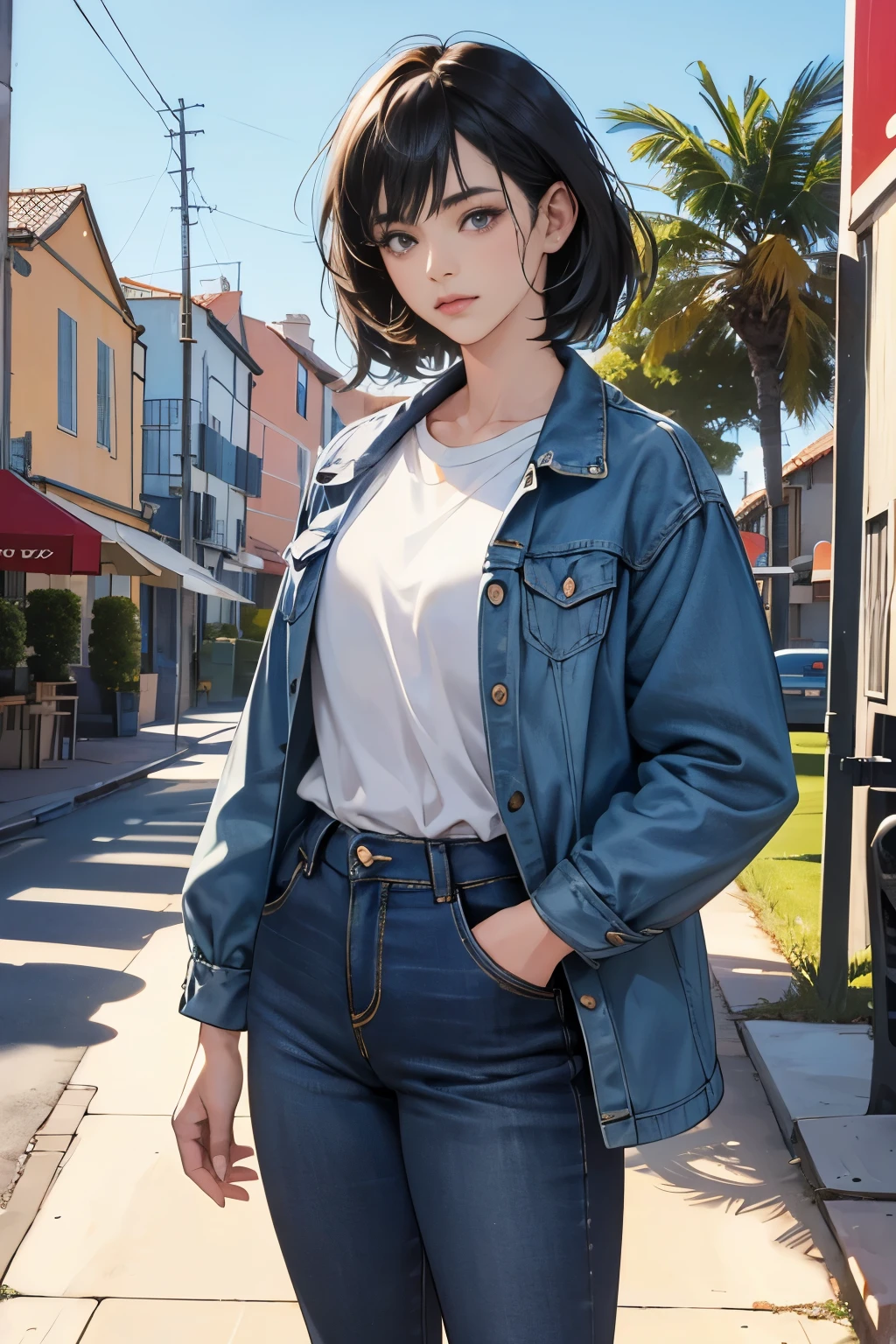 very colorful, pop feel, Orange and indigo keynotes, Saint-Tropez, southern france, summer image, Palm tree, seaside, short black hair anime woman, Around 25 years old, wearing a jacket, blue jeans, perfect tall model body, cool beauty, it will happen, Anime drawing by Yang J, Trending at Art Station, realism, extremely detailed The germ of art, Realistic anime 3D style, anime style 4 k, up to the model | The germ of art, anime style. 8k, casual clothes, realistic anime art style, style The germ of art, sharp outline, highest quality, perfect angle, perfect composition, best shot, official art,CD jacket, 80s city pop, very stylish