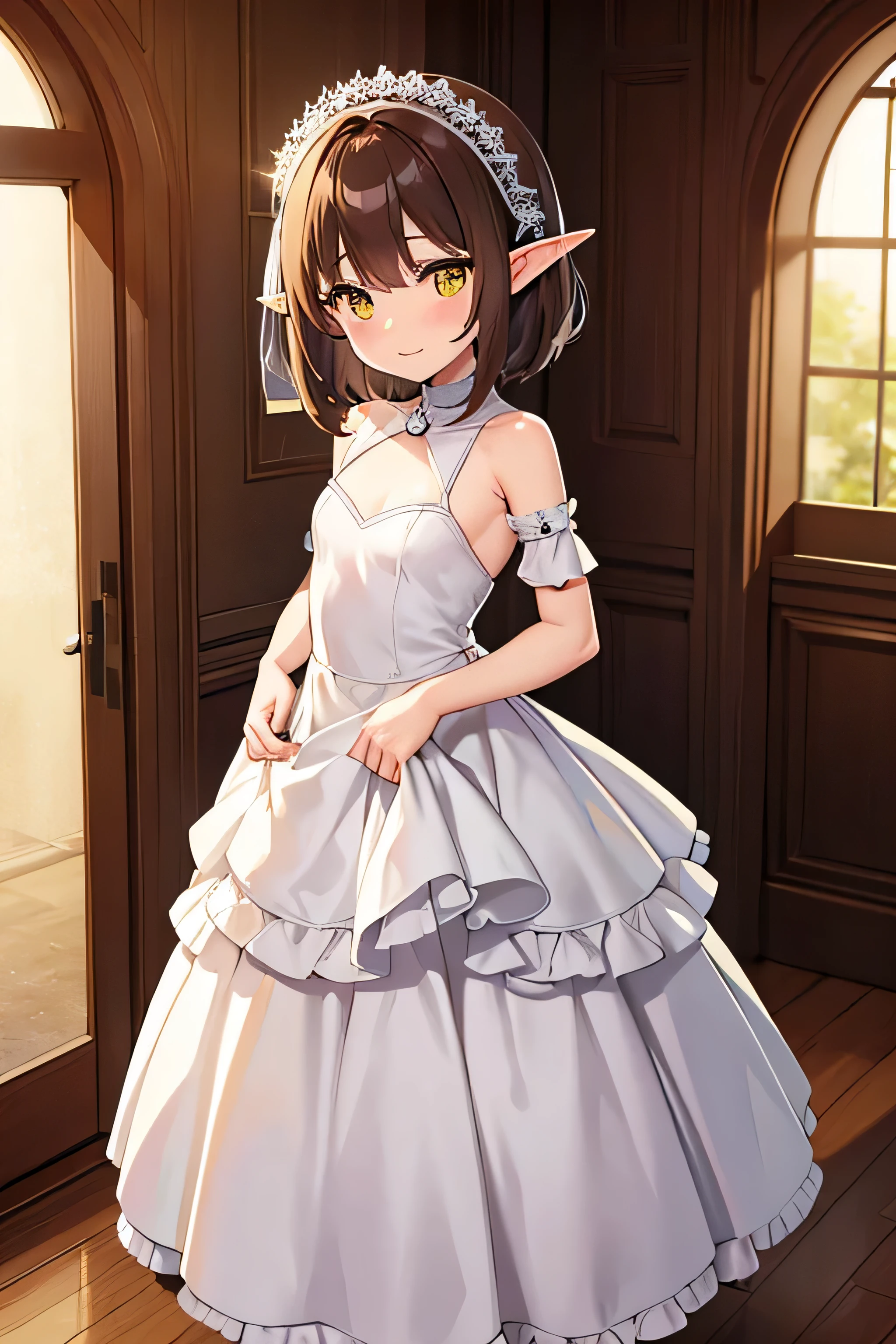 An elf girl with a tiny body and brown hair, yellow eyes, and a flat chest. She is wearing a white wedding dress and has a extremly happy expression. The girl is standing in a room and looking directly at the viewer. The image should be of absurd resolution and high detail. It should be ultra-sharp and available in 8K resolution, representing a masterpiece in image quality.