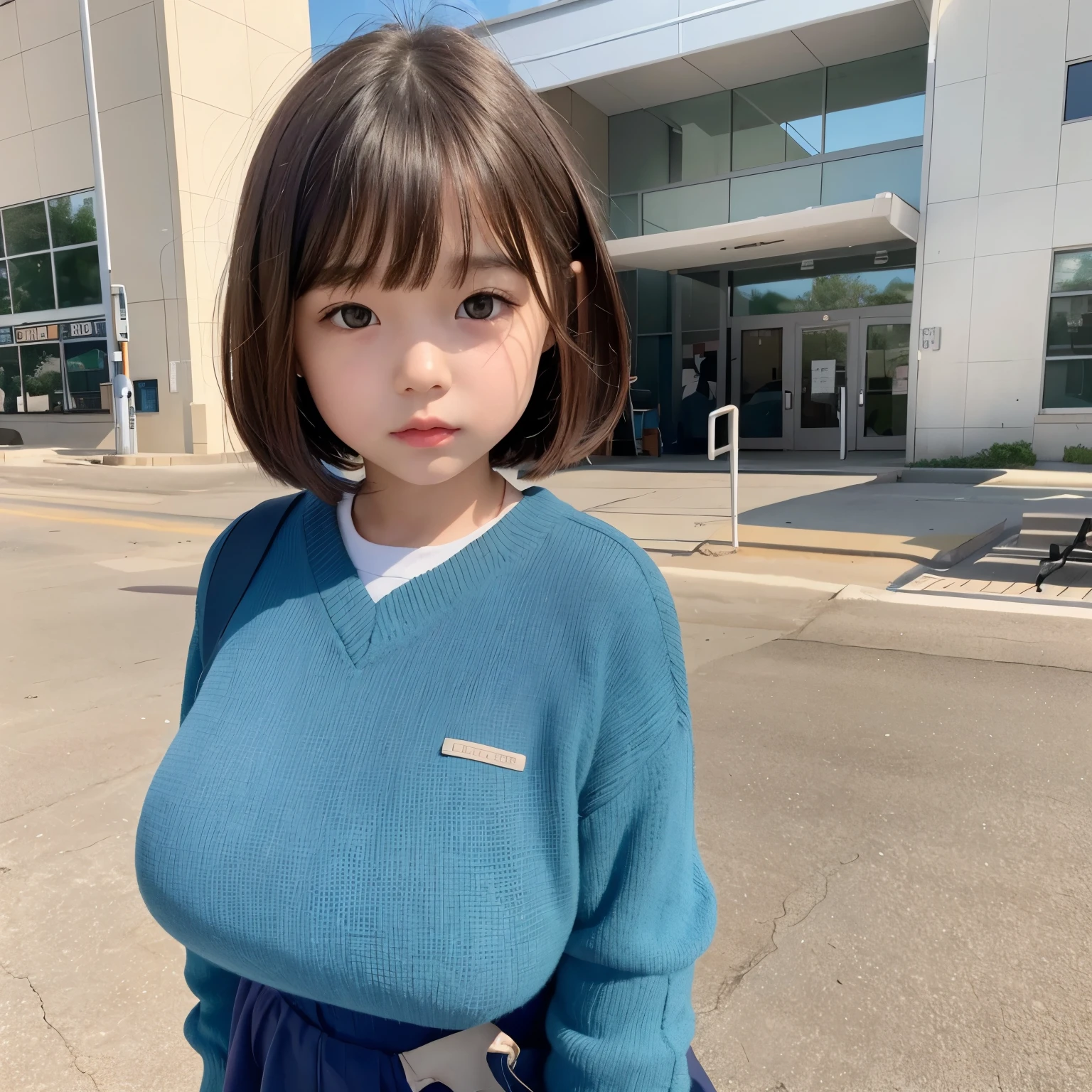 1 person,,little girlbrb hair,bangs,huge breasts,elementary student,