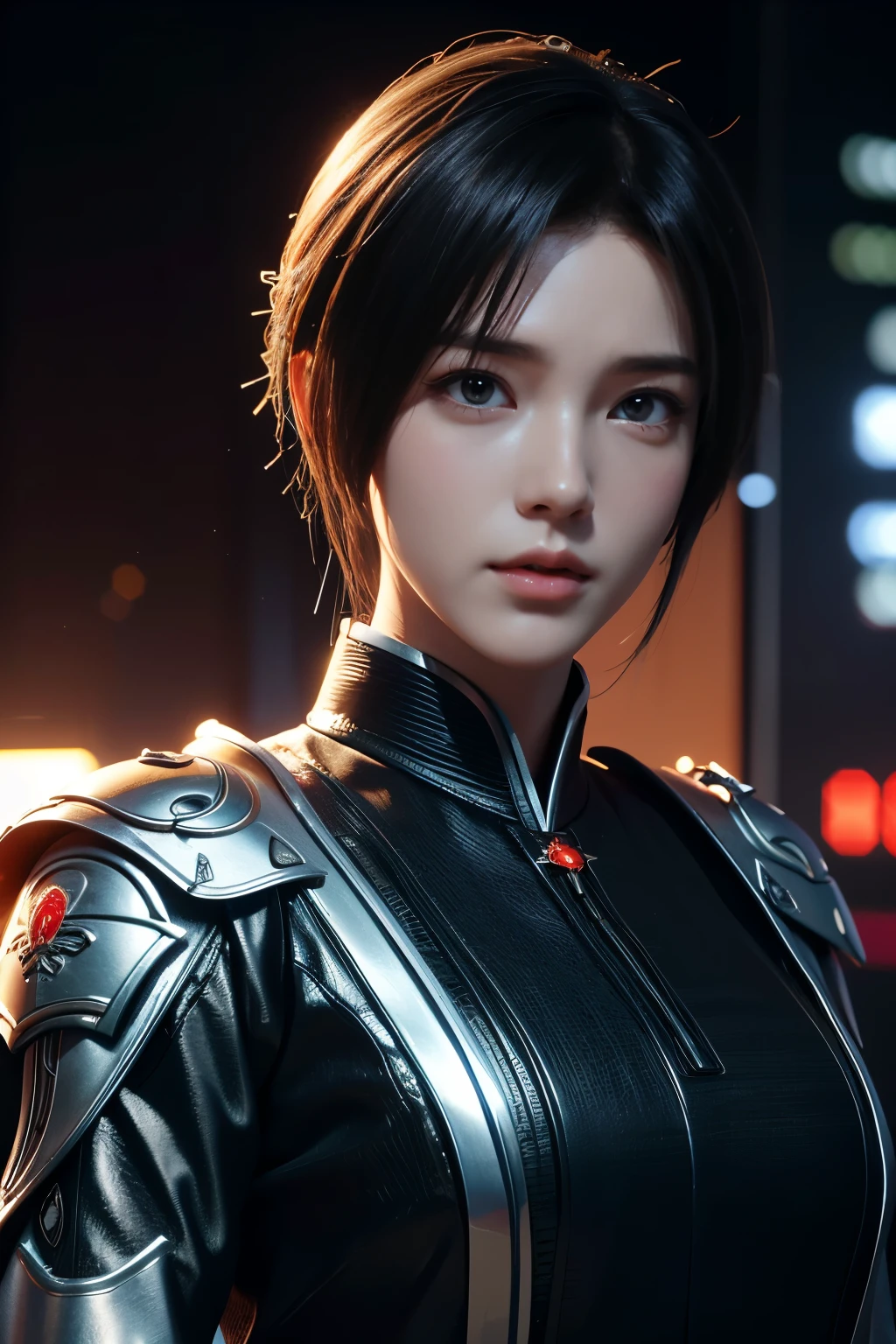 Masterpiece，The best qualities，Very high resolution，8K，((Portrait))，((Head close-up))，Original photo，real photo，数码摄影， (Cyberpunk-style female cops of the future world)，(Fighting girl)，22岁少女，(White random short hair)，An eye rich in detail，((Lachrymal nevus))，嘴唇光泽，(优雅迷人，冷漠高贵)，(Future combat clothing full of mechanical style，A garment that combines the characteristics of a police uniform，A fancy badge，An intricate pattern of clothing，Glittering jewels，Joint Armor，Metallic luster，Red and white)，赛博朋克人物，未来风格， 拍照姿势，街道背景，Movie lights，Ray tracing，Game CG，((3D Unreal Engine))，oc渲染反射纹理