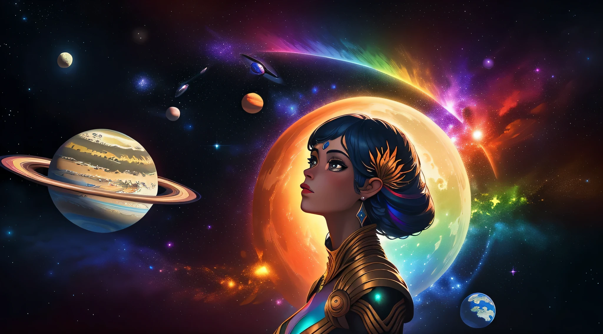 psychedelic, fantasy space, Various planets, fantasy galaxy, 1 garota, psychedelic goddess, rainbow lighting, magical, obra de arte, alta qualidade, 4k,