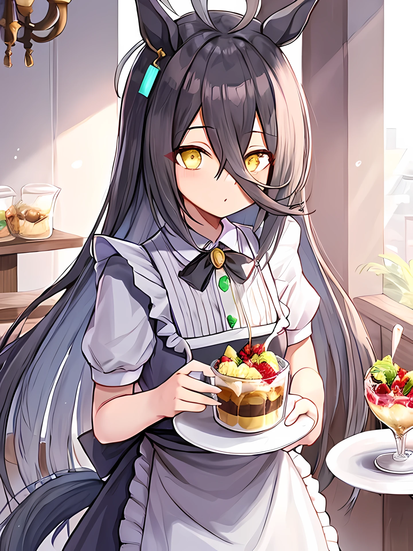 (マンハッタンCafe\(umamusume\)), long hair , black hair , Ahoge, white Ahoge, gold eyes, yellow eyes, slender girl, thin waist, maid dress, frills, apron dress, parfait, Cafe