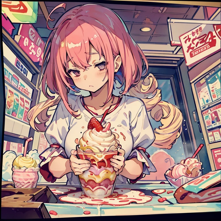 A candy store covered in newspaper waterfalls and boiling strawberry parfait ramen、amazing dynamism、amazing angle、A swirling newspaper storm of unstable buoyancy、((Many gentle watercolor ice creams float perfectly and follow you..),surround each other&#39;whipped custard candy