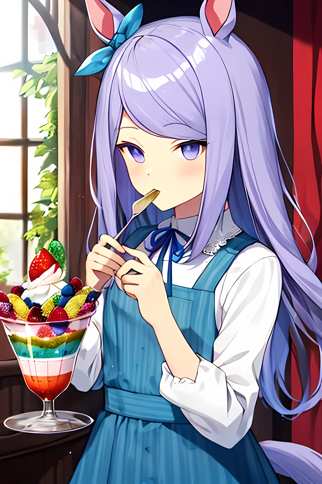 (White-eye McQueen\(umamusume\)), casual, neck ribbon, pinafore dress, sleeveless dress, blue clothes, white shirt, long sleeve, eating parfait, have a spoon, using a spoon, parfait
