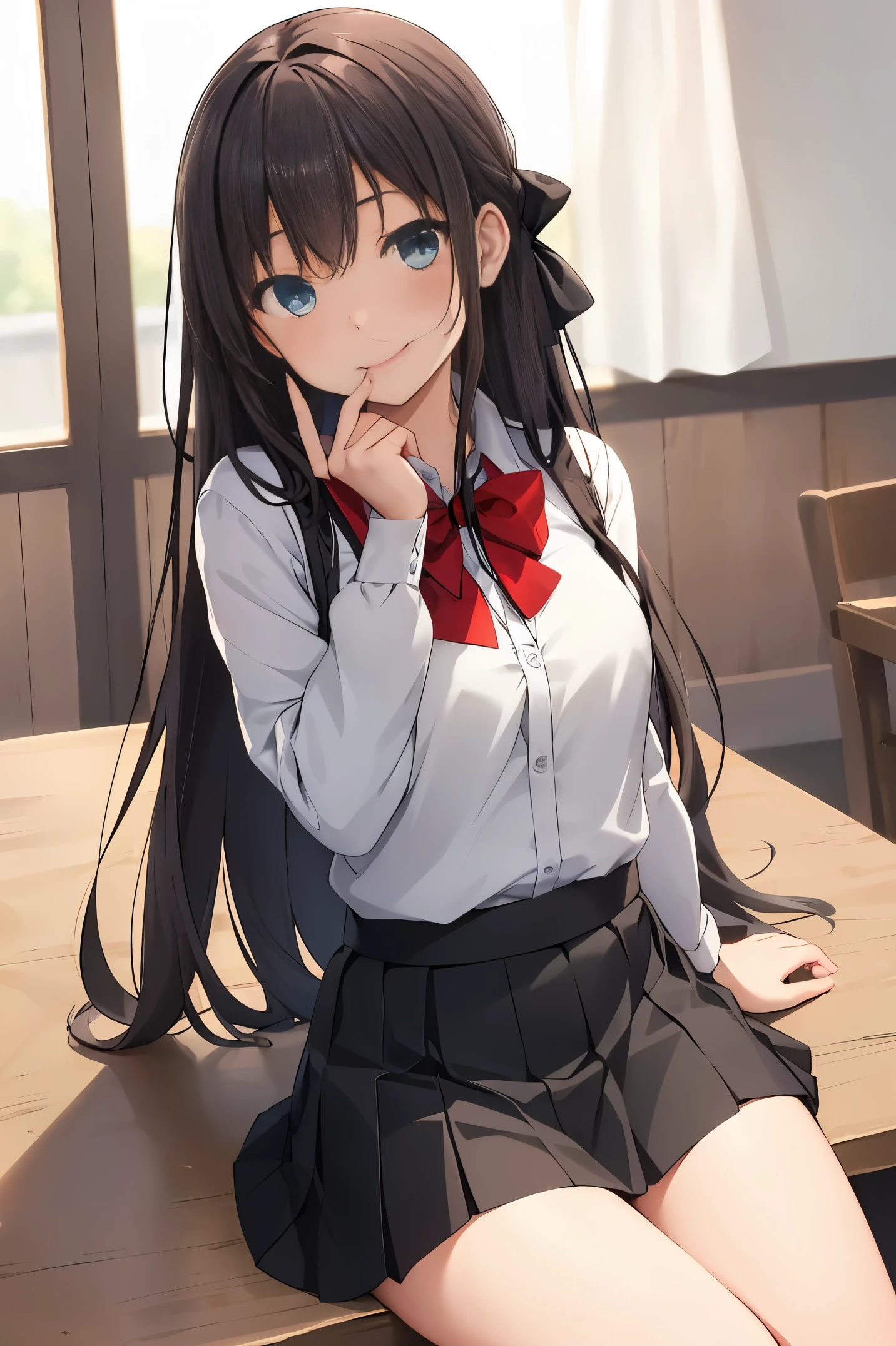 best quality, (on the table:1.2), Very detailed,indoors, Rin Harusaka,1 girl in, alone, looking at the audience, from the front, Keep your mouth shut, Smile,long hair, brown hair, blue eyes,Red shirt, mini skirt, black skirt, black company,(skirt lift:1.3), (White:1.3)、(Rolled up skirt:1.3)、(completely exposed:1.5)