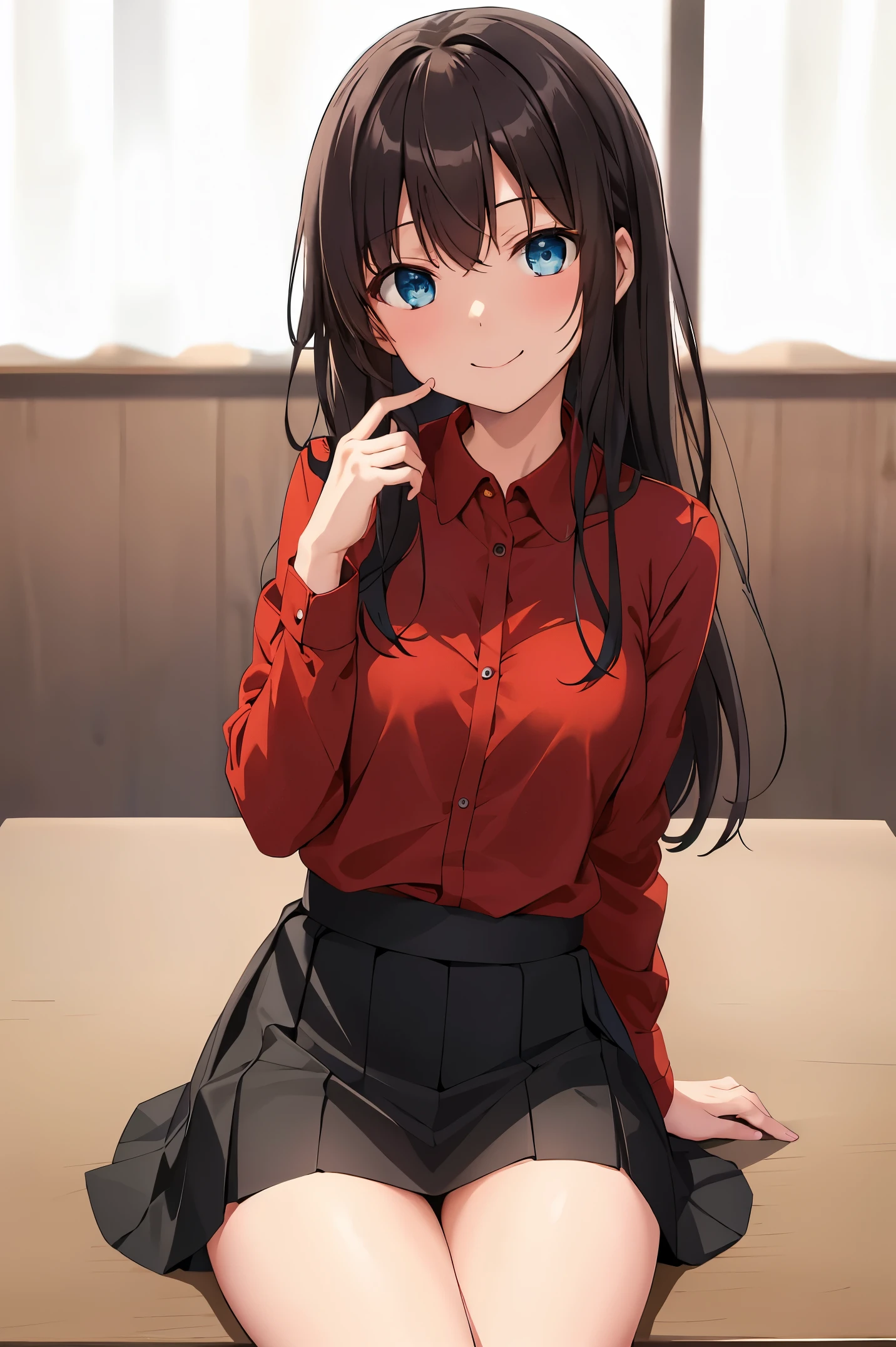 best quality, (on the table:1.2), Very detailed,indoors, Rin Harusaka,1 girl in, alone, looking at the audience, from the front, Keep your mouth shut, Smile,long hair, brown hair, blue eyes,Red shirt, mini skirt, black skirt, black company,(skirt lift:1.3), (White:1.3)、(Rolled up skirt:1.3)、(completely exposed:1.5)