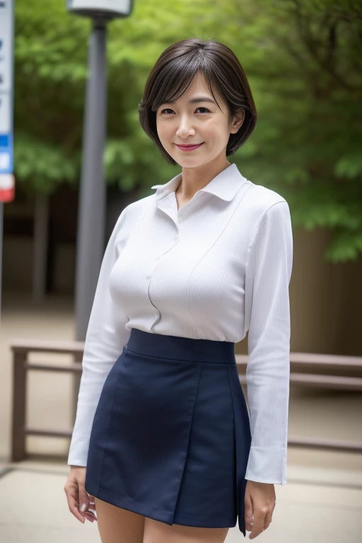 best quality, High resolution, Hires, skin definition, detailed skin, detailed eyes, detailed face, 4K, 日本人mature woman, ((solo)), (((70 years old))), (wrinkles at the corners of the eyes:1.3), (nasolabial folds:1.3), mature woman, sex appeal, sexy, fair skin, ((short hair)), Looking at viewer,(((old skin:0.9))), ((loose muscles:0.9)), (((very large breasts:1.28))), ((loose breasts)), (flaccid butt), ((japanese model)), 4K, (photoReality:1.5), Reality, ticker, Beautiful, Bimbo, Perfect makeup, eye make up:1.6, small diamond necklace, earrings, (((Japan Female Policeman Uniform:1.6, Tight Skirt, miniature skirt, high heels))), smile, Public place,full body photo,