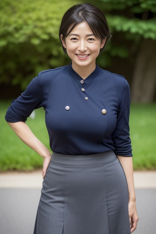 best quality, High resolution, Hires, skin definition, detailed skin, detailed eyes, detailed face, 4K, 日本人mature woman, ((solo)), (((70 years old))), (wrinkles at the corners of the eyes:1.3), (nasolabial folds:1.3), mature woman, sex appeal, sexy, fair skin, ((short hair)), Looking at viewer,(((old skin:0.9))), ((loose muscles:0.9)), (((very large breasts:1.28))), ((loose breasts)), (flaccid butt), ((japanese model)), 4K, (photoReality:1.5), Reality, ticker, Beautiful, Bimbo, Perfect makeup, eye make up:1.6, small diamond necklace, earrings, (((Japan Female Policeman Uniform:1.6, Tight Skirt, miniature skirt, high heels))), smile, Public place,full body photo,