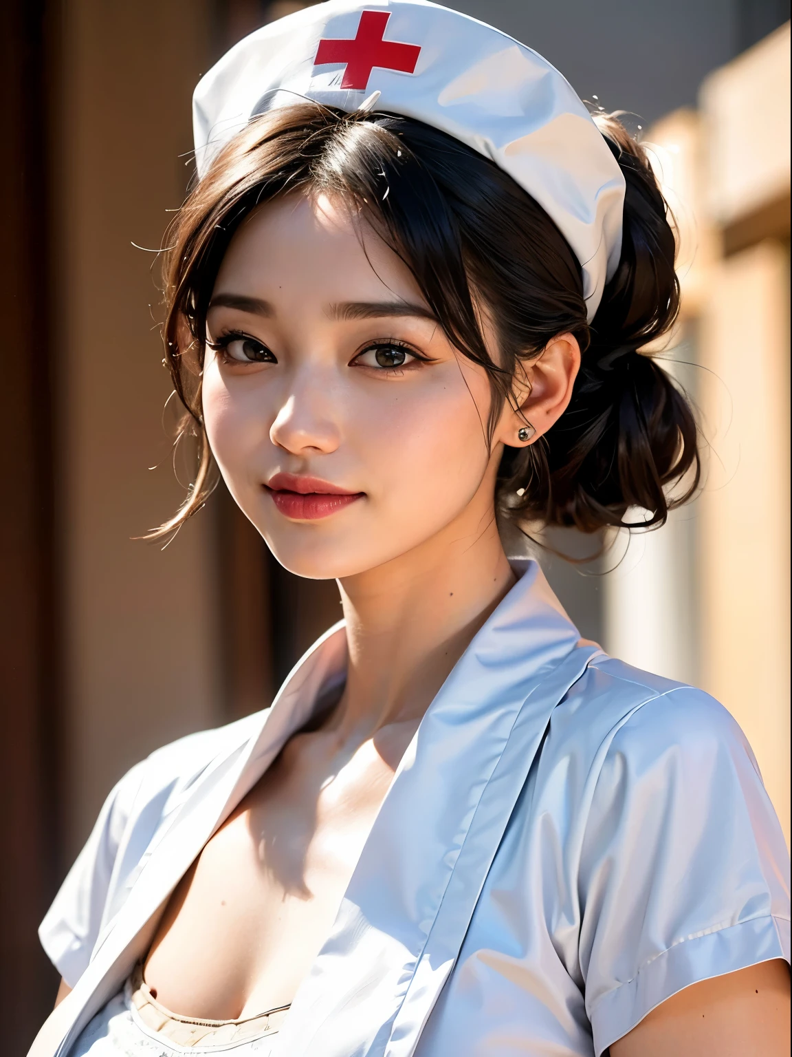 delicate, masterpiece, beautiful, colorful, finely, intricate details,lip details,elegance,porn,(1 girl:1.1),alone, (beautiful30歳のセクシーな韓国の女の子:1.2), Instagram, (K-POP idol, korean mixed), (black hair+tied up:1.3), (50mm sigma f/1.4 Zeiss lens, F1.4, 1/800 series, ISO100, photography:1.1), (big breasts:1.1), (realistic:0.8),hospital, sunlight,Are standing,(sexy nurse, nurse cap :1.2),smile,earrings,