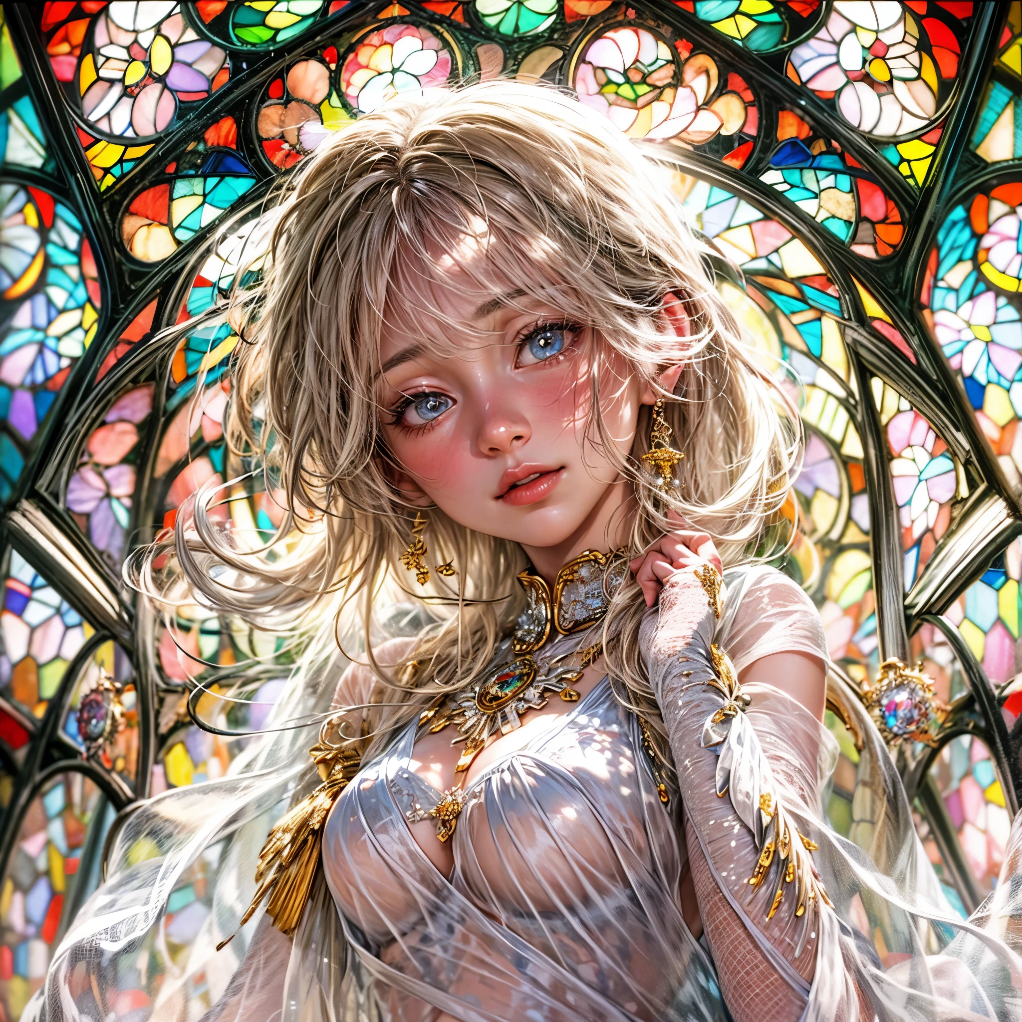Sexy girl in ((WHITE)) and Delicate lace underwear, with Glossy RED lips, (Exposed:1.2), (nipple:-0.9), { closeup of Cute lips | Dynamic-angle }, ((Dazzling stained glass Background)), (( colorful Light shines through stunning elaborate stained glass:1.2)), vivid Red colors . ((Acutance:0.8, physically-based rendering)), (masterpiece:1.2), (ultra-detailed:1.35), (realistic, photorealistic, ((photo-realistic:1.37))with touch of rawness) . ((Renbutsu Misako)), (Extremely detailed KAWAII face variations, with Dynamic expressions), detailed eyes with sparkling highlights, captivating gaze, long eyelashes, subtle blush on the face, rosy cheeks, impeccable oiled ivory skin texture . { full of flowers covering girl's body | Mystic sight | haze | Light Particle | Lens Particle | Lens Flare | Dazzling angle's Halo | (Red leather) high collar | Overflowing sideboob } . ((( not Detailed fingers:-0.9))) .