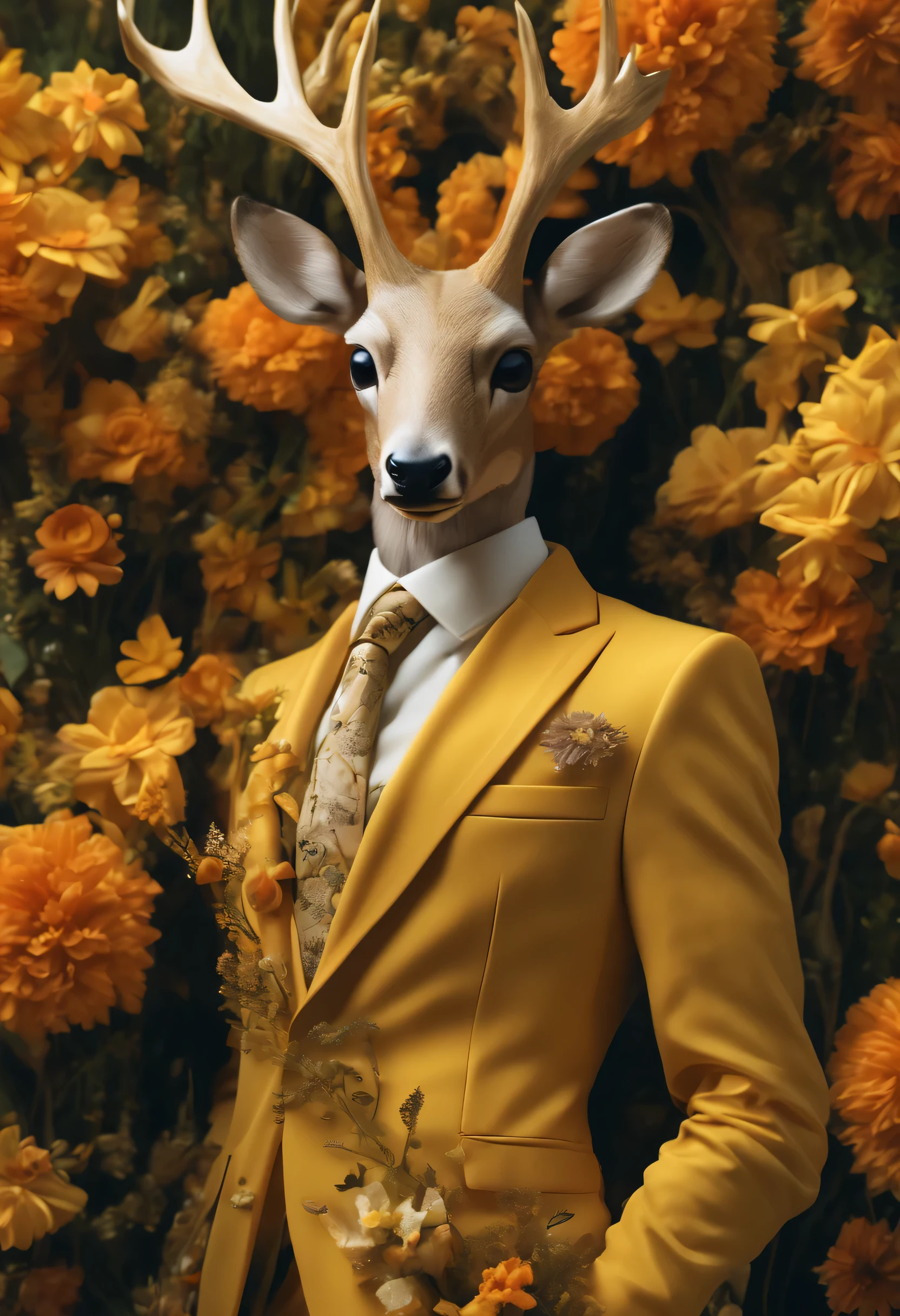 Retro portrait of a deer wearing an ivory suit，surrounded by flowers, Dark yellow and deep orange style, dystopian fantasy, Daz 3D, Dinosaur Valley, jungle punk, Film Still 50d, Stylish clothing design