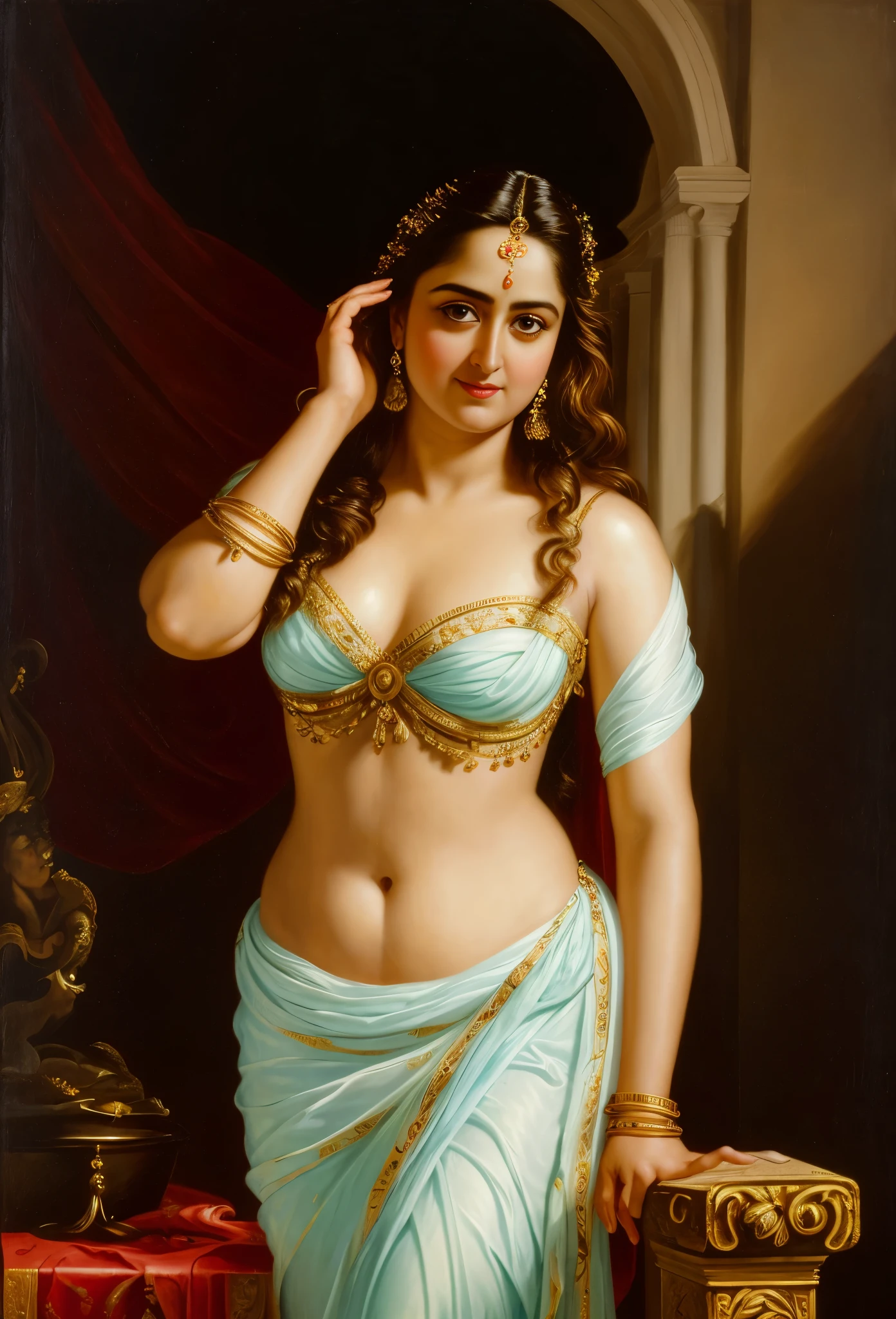 Looks like Anushka Shetty, Masterpiece, Best quality, high clarity eyes, beautifully styled hair, critically flawless,sharp picture, Full portrait, High pixels, perfect face, perfect eyes, beautiful face, perfect hands,perfect fingers, in Peter Paul Rubens style, by Peter Paul Rubens, baroque style, acrylic on canvas, highly detailed, description: "Create a nymph inspired by the tales of Greek or Roman mythology, embodying the essence of a natural element or location, and possessing a unique ability or trait that sets her apart."