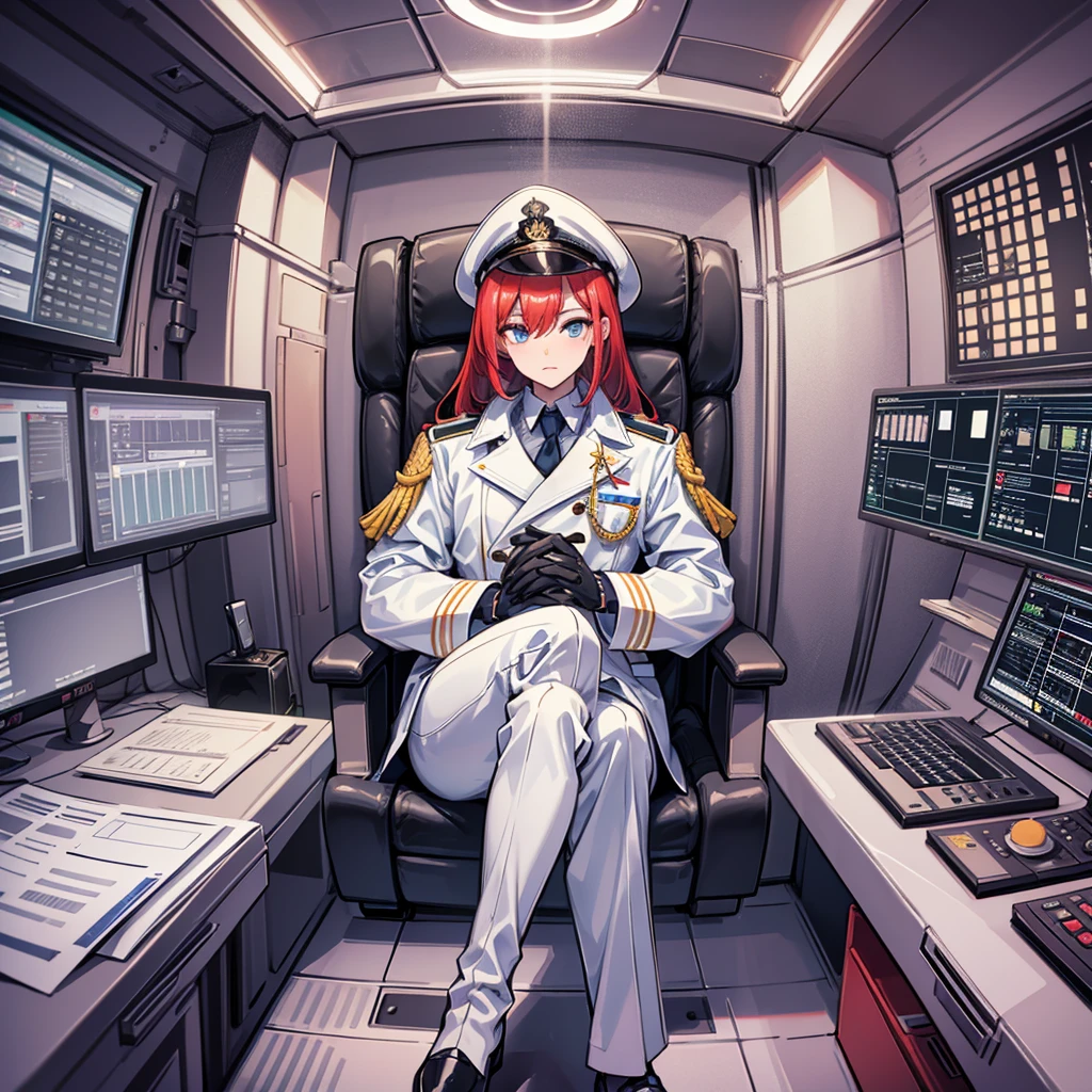 (((masterpiece、Highest image quality、highest quality、highly detailed unity 8kwallpaper)))、(Illustration of one woman、Beauty、30 years old)、(Viceroy)、((Red-haired shorthair、sidelocks、blue eyes))、((tall、stocky build, thickset physique, muscular legs, broad shoulders, solid chest))、((Military uniforms、Military Cap、Military coat))、(white clothes、White pants、white hat)、trench coat、(((manspreading、Sitting in the captain's seat)))、(((Inside a futuristic spaceship、Surrounded by instruments and monitors、The Universe on the Monitor、Earth seen from space)))